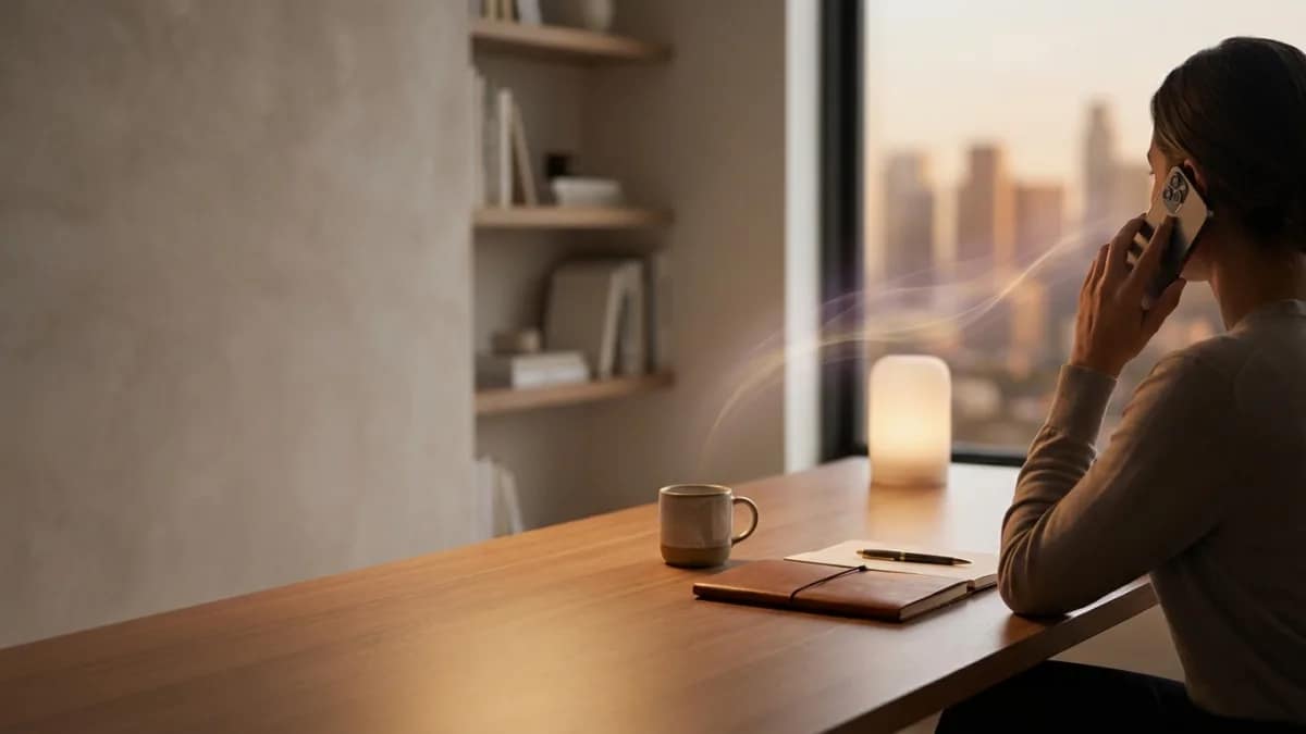 Femme souriante tenant un smartphone lors d'une consultation de voyance par téléphone dans un salon lumineux.