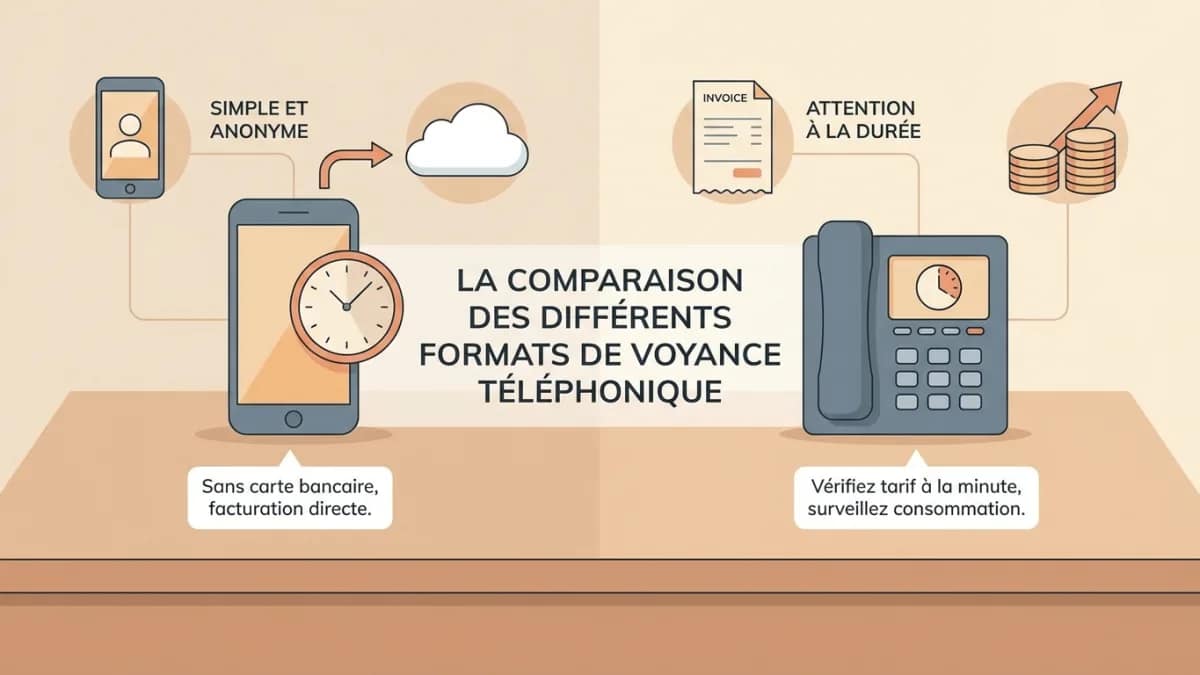 Une personne compare les tarifs et les formats de voyance audiotel sur son téléphone portable.