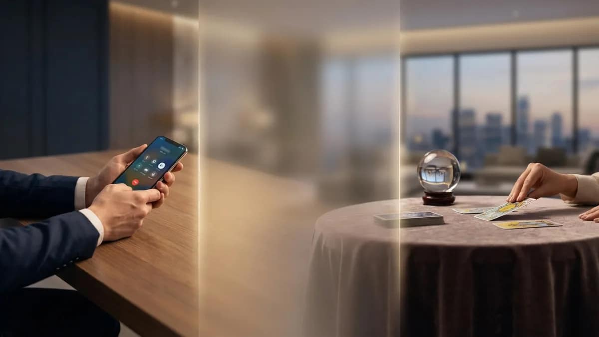 Femme consultant au téléphone à côté de cartes de tarot posées sur une table de cabinet.