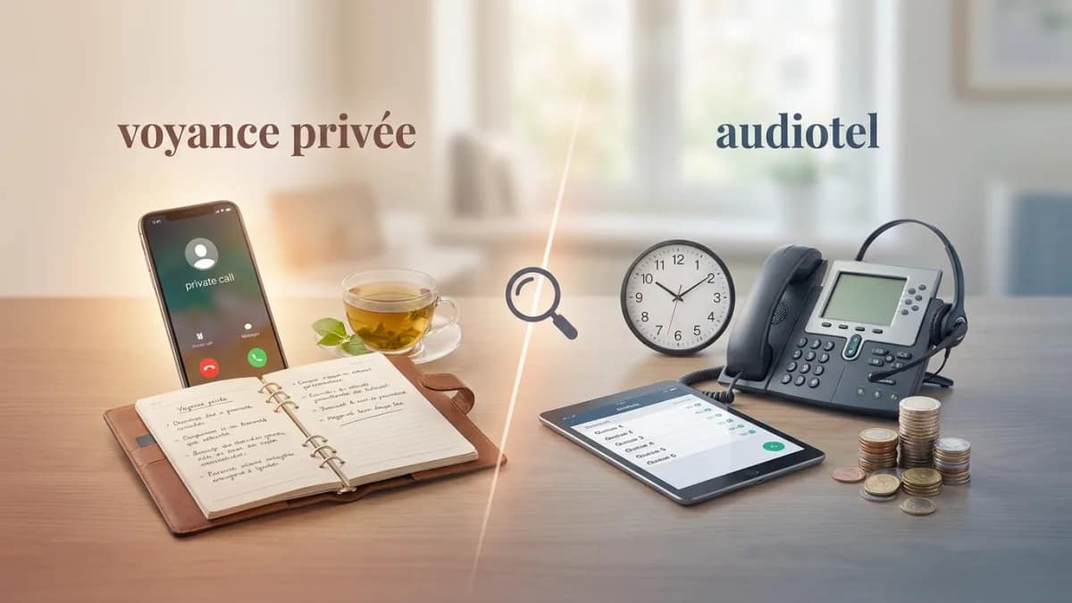 Comparaison visuelle entre une consultation de voyance privée par carte bancaire et un service audiotel.