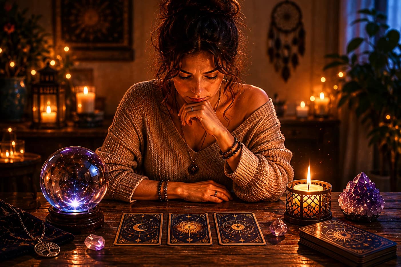 Femme écrivant dans un carnet après une consultation de voyance, entourée de symboles de méditation, gratitude, introspection, bougies, cristaux et développement personnel.