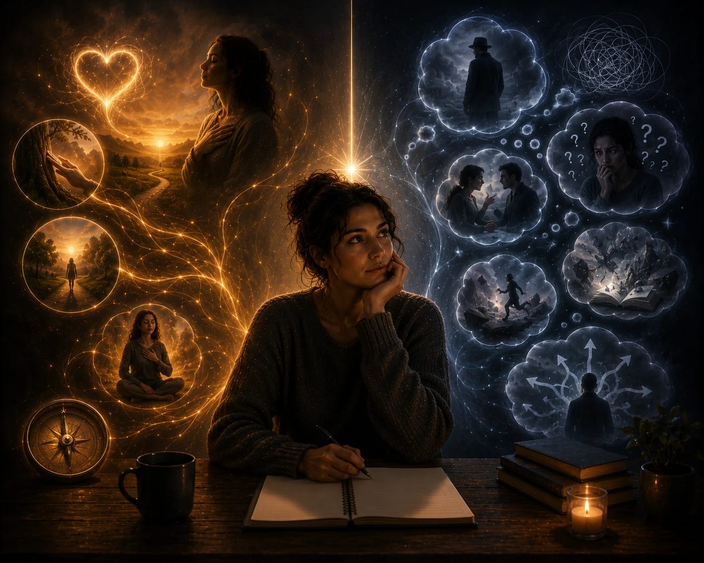 Illustration spirituelle montrant une femme réfléchissant entre intuition et imagination, avec une séparation symbolique entre ressentis lumineux et pensées confuses.