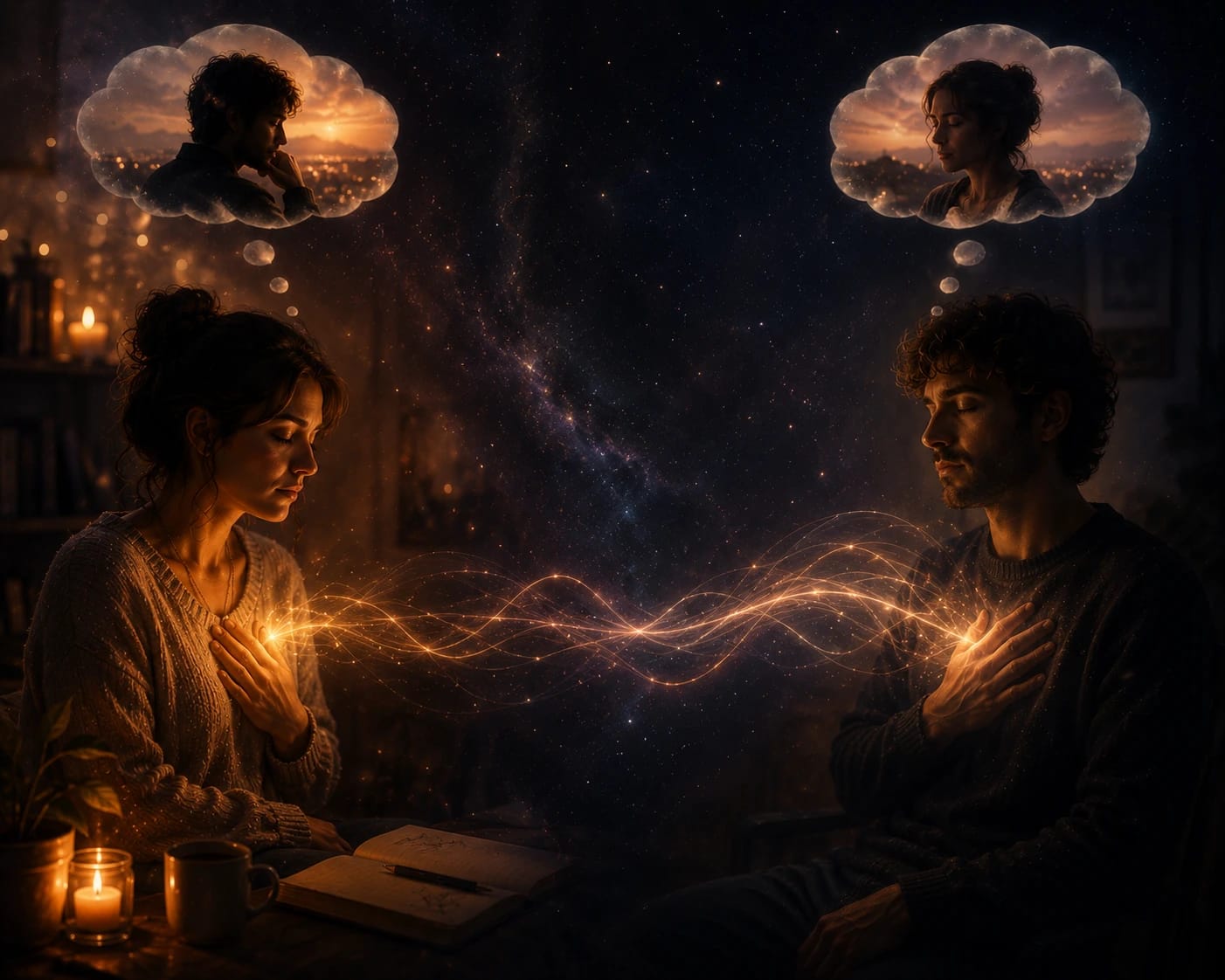 Illustration spirituelle d’un homme et d’une femme les yeux fermés, reliés par une énergie lumineuse symbolisant une connexion émotionnelle ou intuitive à distance.