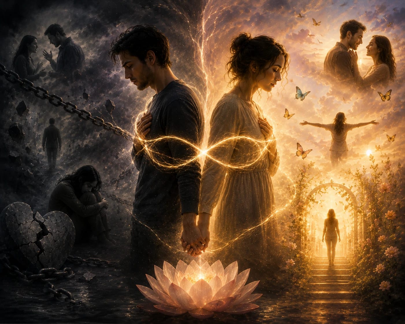 Illustration spirituelle représentant deux personnes liées par un lien énergétique infini, symbolisant une relation karmique marquée par les épreuves, la transformation et l’évolution personnelle.