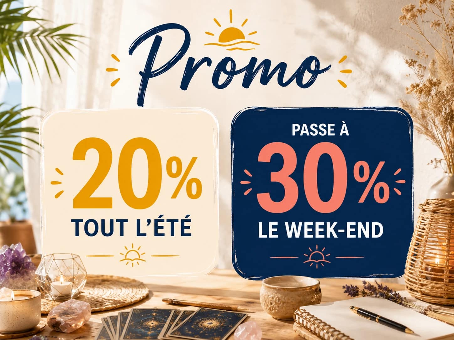 Affiche promotionnelle estivale annonçant une réduction de 20 % tout l’été et une remise de 30 % le week-end, dans une ambiance lumineuse avec cartes, cristaux et décoration chaleureuse.