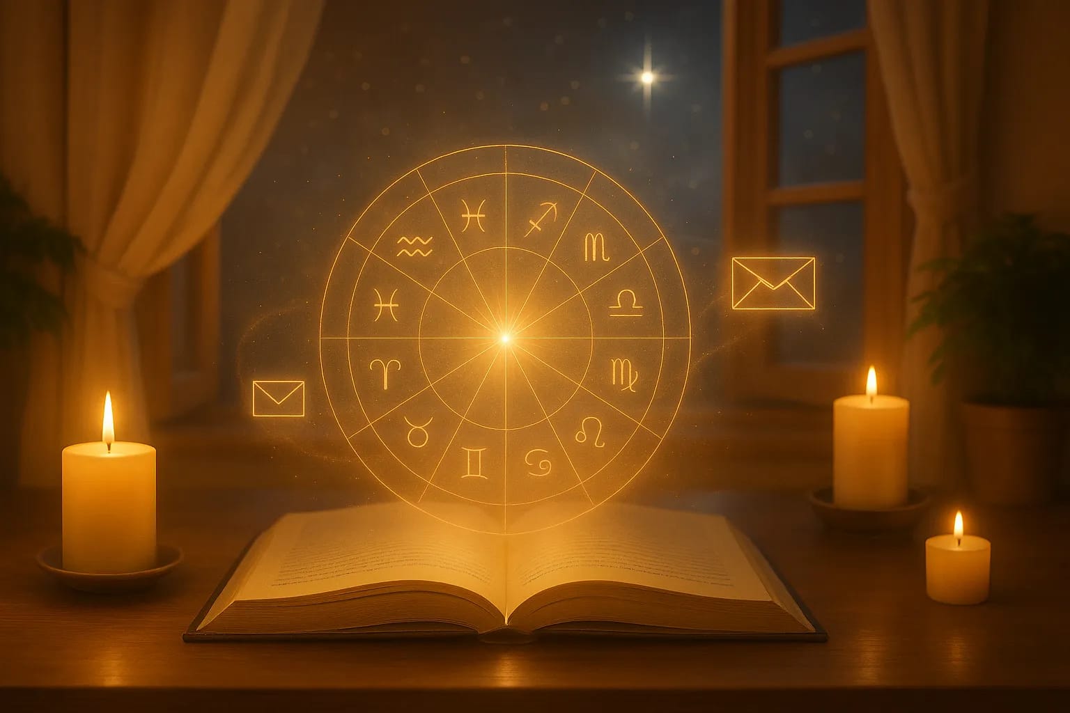 Roue zodiacale lumineuse apparaissant au-dessus d’un livre ouvert avec des bougies, symbolisant la guidance astrologique.