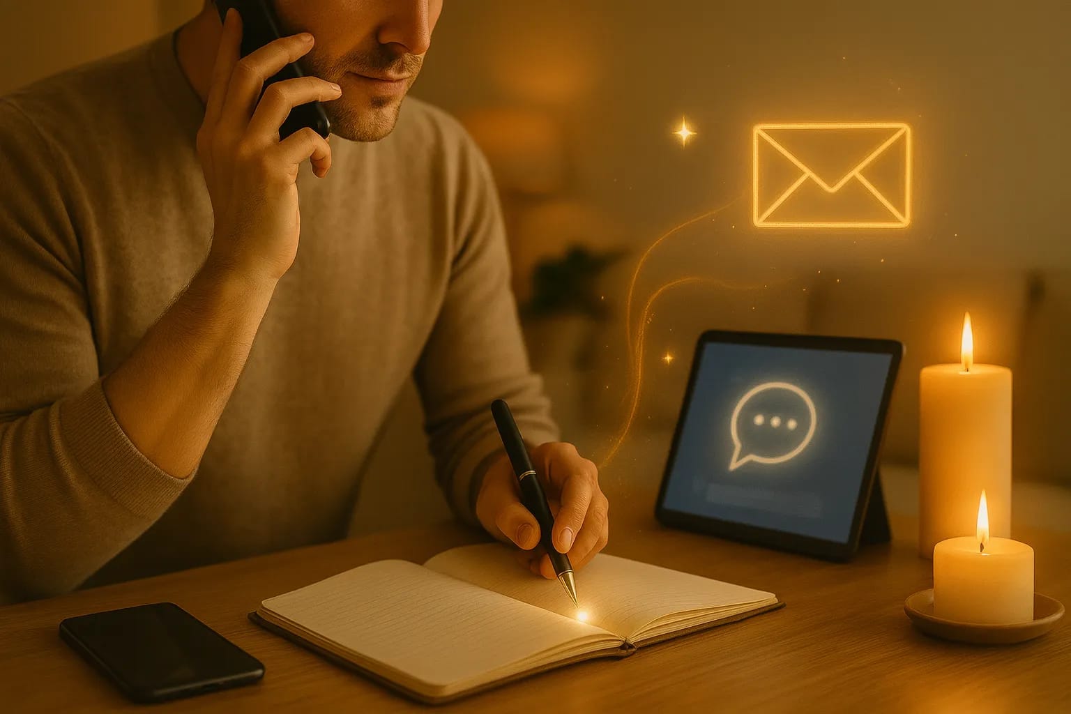 Homme en consultation médiumnique au téléphone, écrivant des réponses avec des icônes lumineuses de chat et de mail.