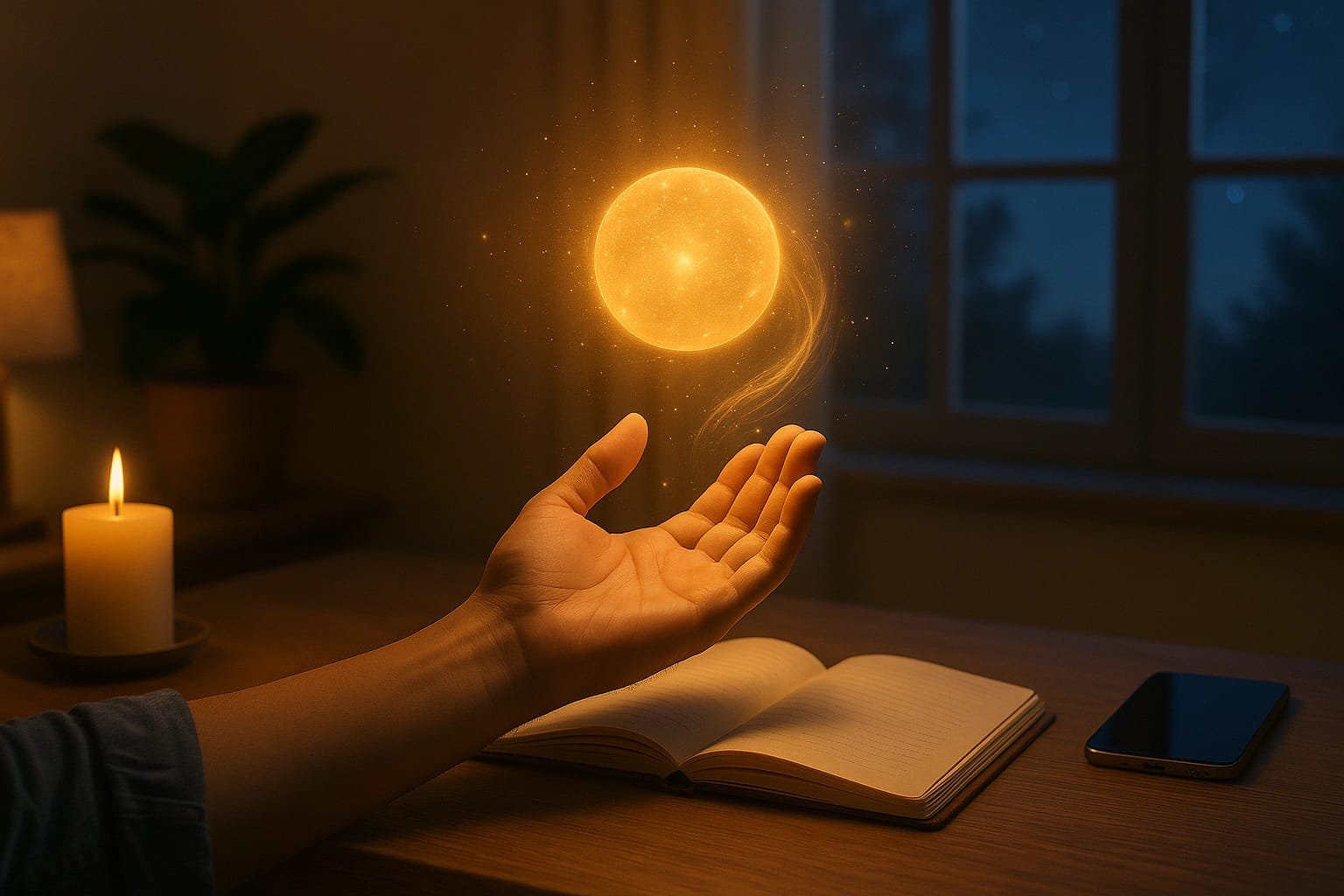 Main tenant une sphère lumineuse flottante au-dessus d’un carnet ouvert.