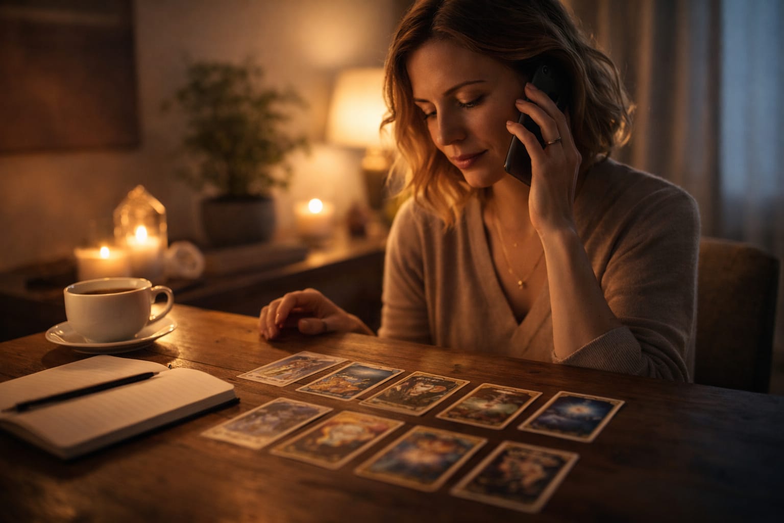 Une femme aux cheveux blonds ondulés, assise à une table en bois, discute au téléphone tout en consultant un tirage de cartes de tarot éclairé à la lueur des bougies.
