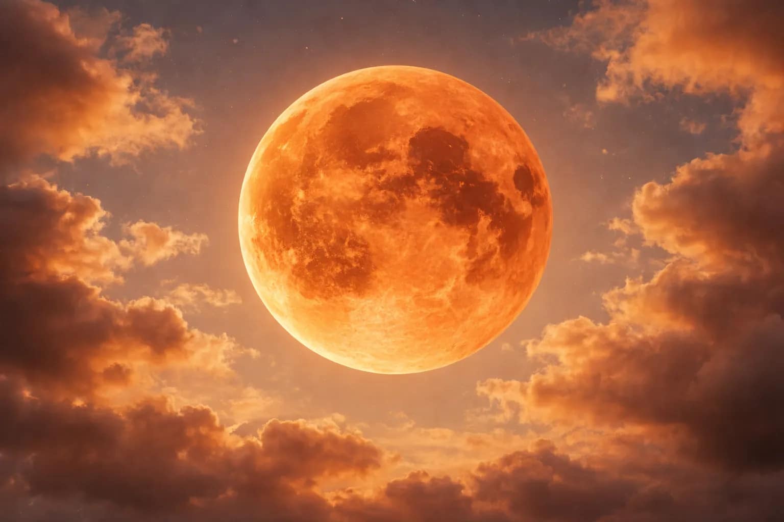 Photographie en gros plan d'une immense pleine lune rousse et lumineuse, entourée de nuages vaporeux teintés d'orange et d'orbe de lumière sur un fond de ciel nocturne parsemé de fines étoiles.