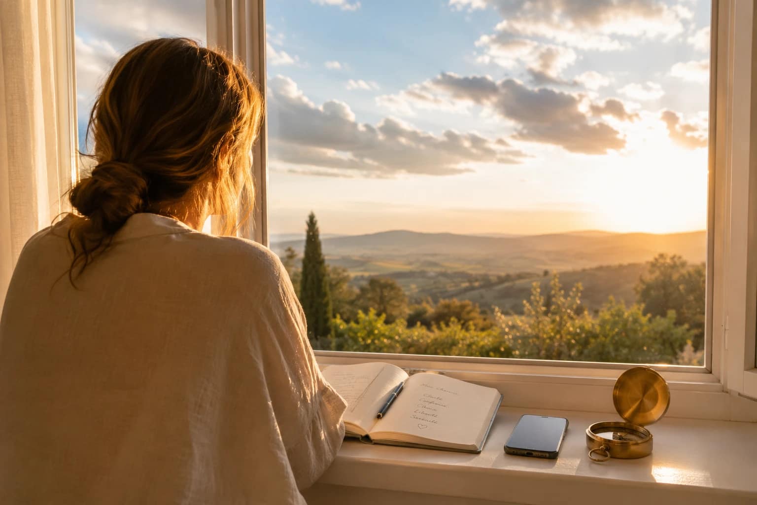 Femme assise près d’une fenêtre contemplant un paysage baigné de lumière dorée, avec carnet ouvert, smartphone et boussole posés sur le rebord.