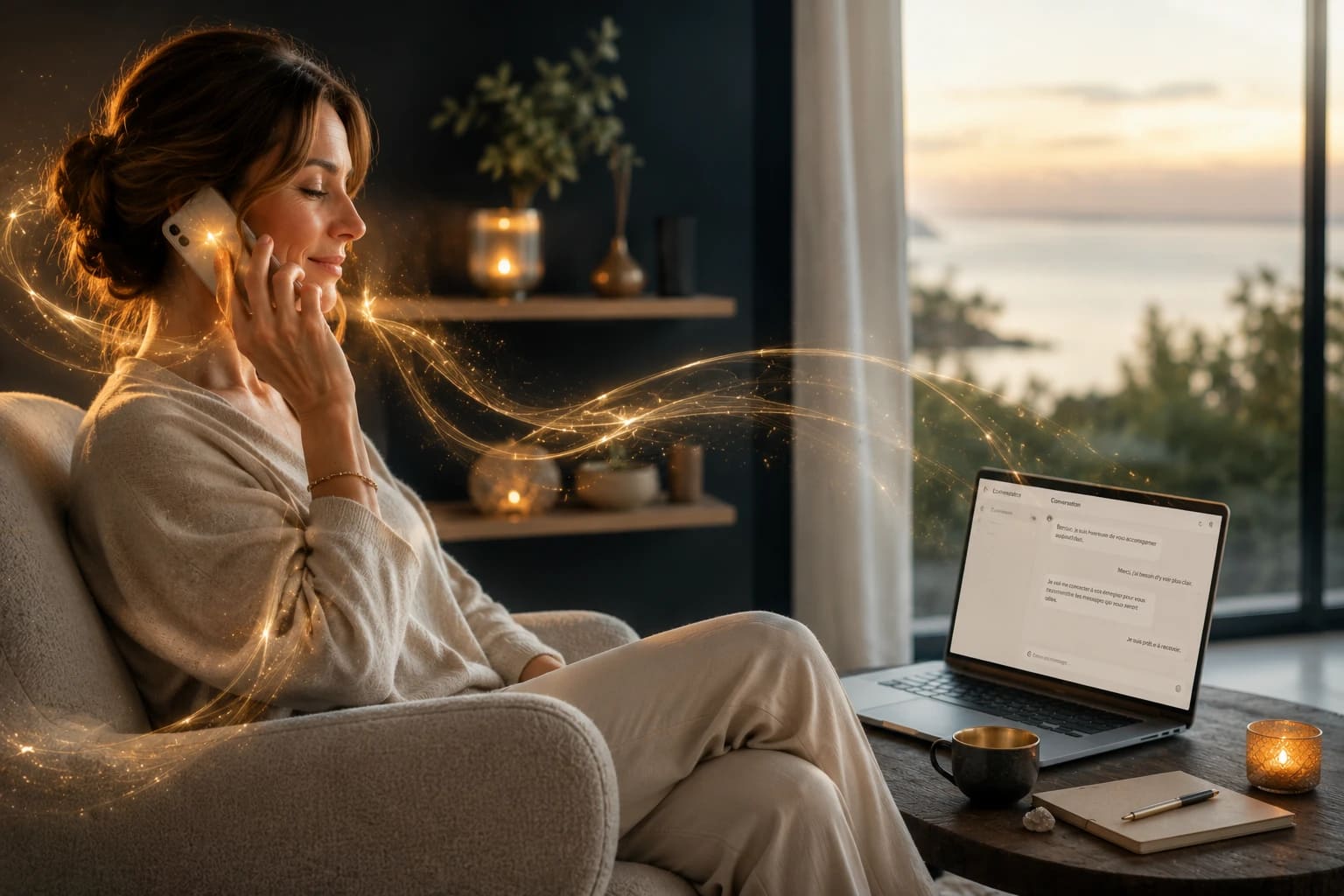 Femme détendue en conversation téléphonique dans un fauteuil, entourée d’effets lumineux dorés reliant le téléphone à un ordinateur portable dans une ambiance apaisante.