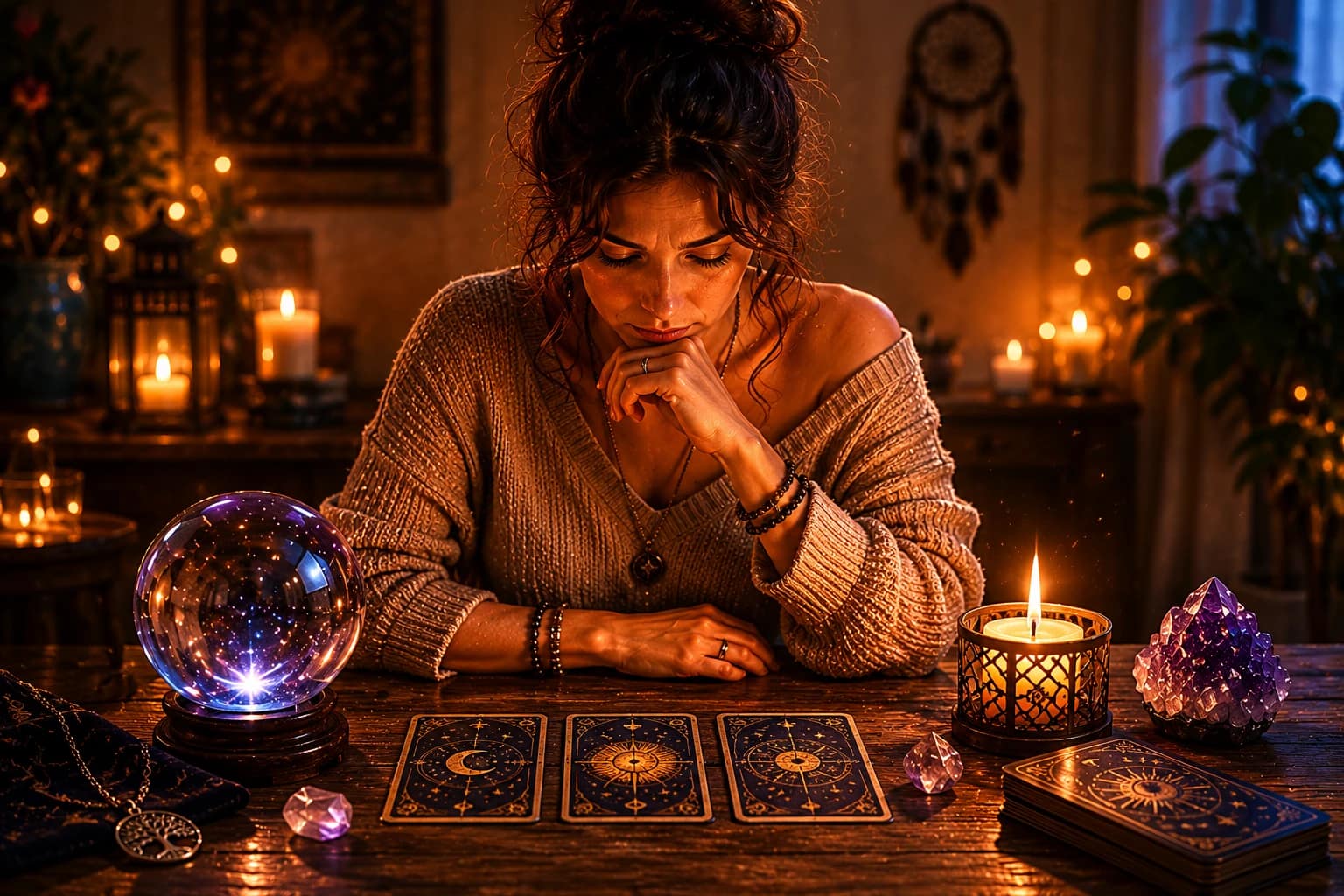 Illustration d’une femme en pleine réflexion devant des cartes et une boule de cristal dans une ambiance chaleureuse éclairée à la bougie.