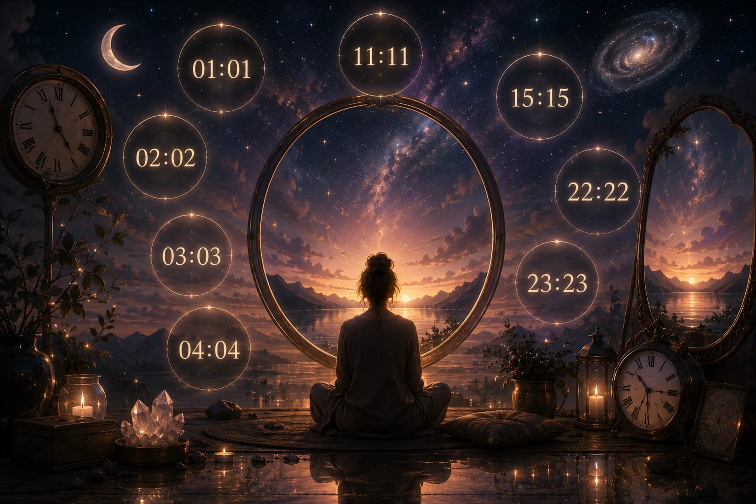 Illustration spirituelle d’une femme méditant face à un paysage céleste entouré d’heures miroirs lumineuses comme 11:11, 22:22 et 01:01.