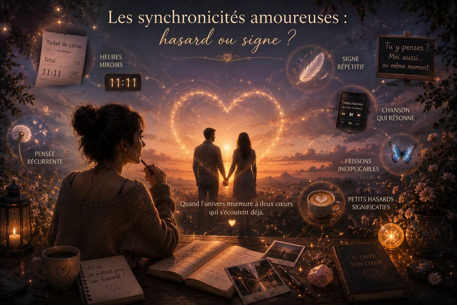 Illustration spirituelle représentant des synchronicités amoureuses avec un couple au coucher du soleil entouré de symboles tels que l’heure miroir 11h11, une plume, un papillon, une chanson significative et des signes répétitifs.