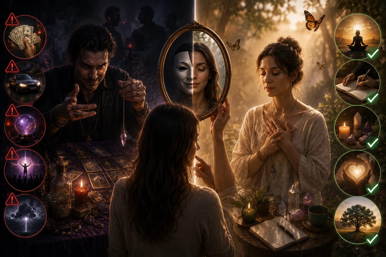 Illustration comparative montrant les signes d’un faux médium et les qualités d’un accompagnement spirituel authentique, avec une femme face à un miroir symbolique séparant manipulation et développement personnel.
