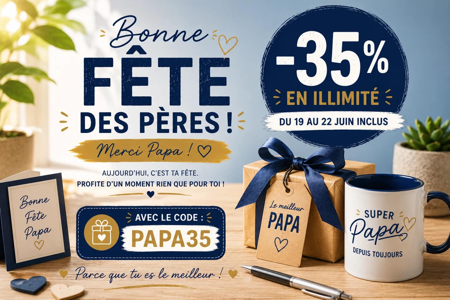 Affiche promotionnelle spéciale Fête des Pères proposant 35 % de réduction en illimité du 19 au 22 juin inclus avec le code promotionnel PAPA35, accompagnée d’un cadeau et d’une tasse personnalisée.