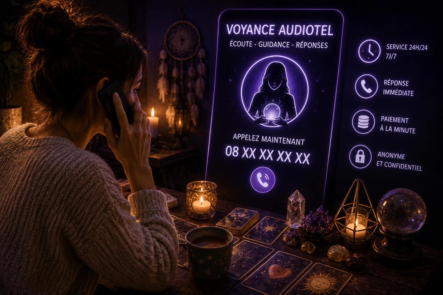 Femme en consultation de voyance audiotel par téléphone, entourée d’éléments ésotériques tels que cartes, cristaux, bougies et boule de cristal, avec une interface mettant en avant les services disponibles 24h/24.