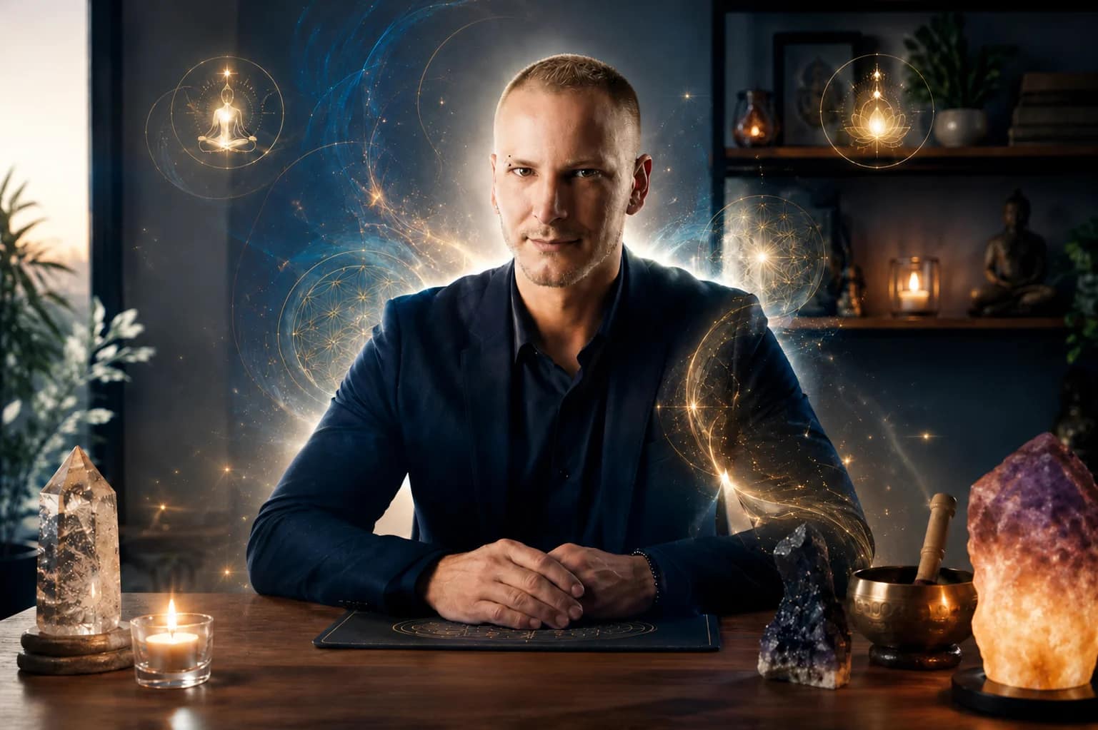 Portrait d’un médium et énergéticien assis dans un cabinet spirituel entouré de symboles lumineux, cristaux et éléments de guidance énergétique.