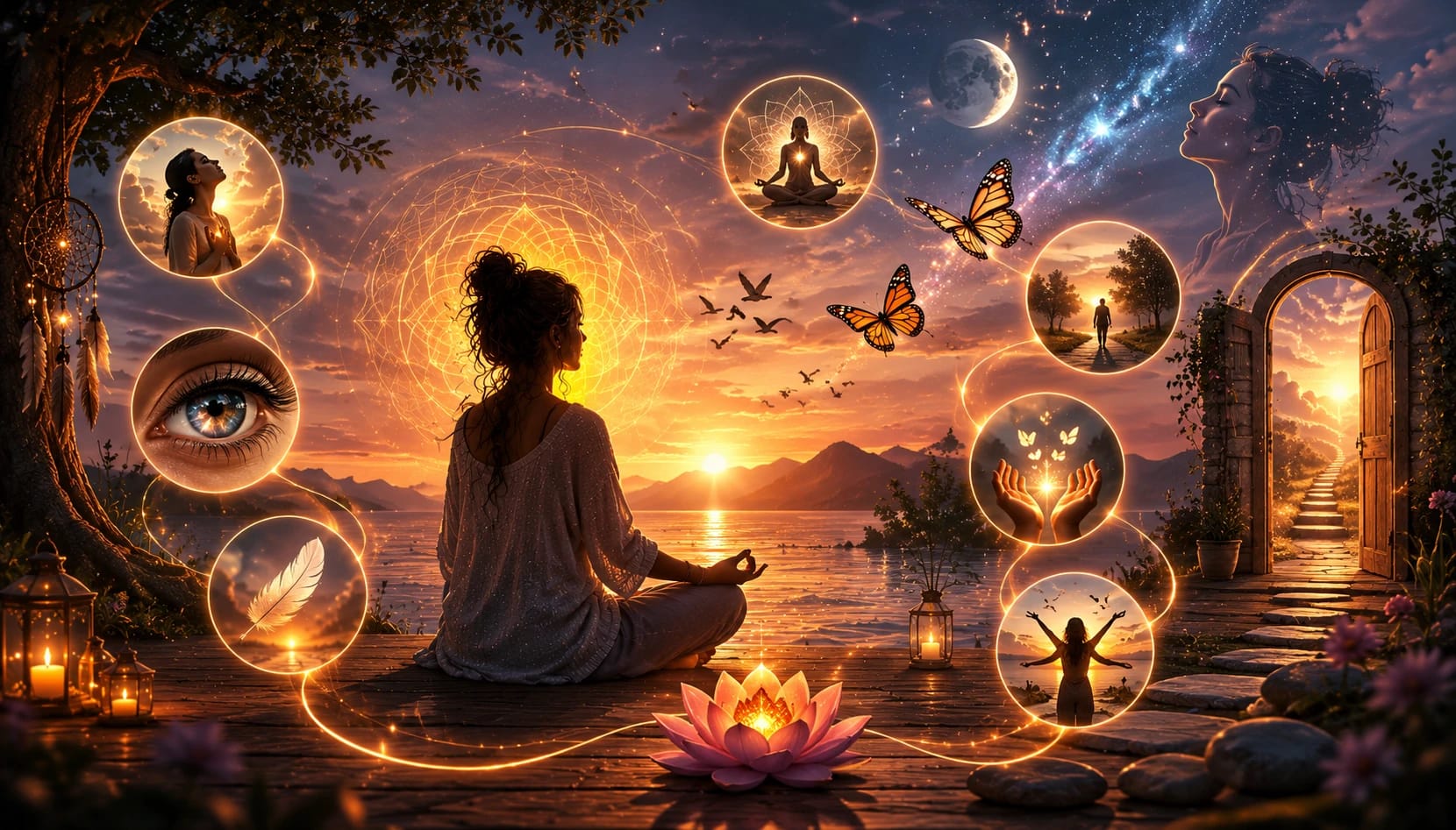 Illustration spirituelle d’une femme méditant face à un coucher de soleil, entourée de symboles lumineux représentant l’intuition, la transformation et les signes d’éveil spirituel.