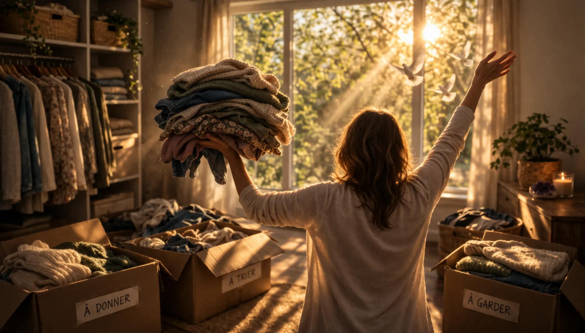 Photographie prise de dos d'une femme levant les bras, tenant une pile de vêtements pliés d'une main, et libérant des colombes blanches de l'autre face à une fenêtre ensoleillée.