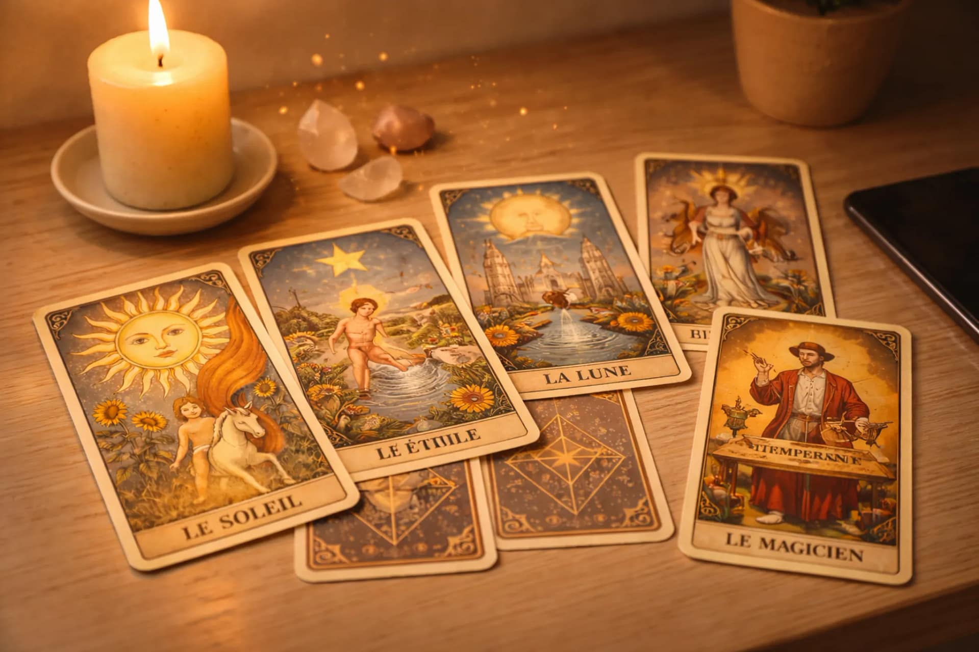 Jeu de cartes de tarot divinatoire disposées sur une table avec une bougie et des cristaux lors d’une consultation de cartomancie spirituelle