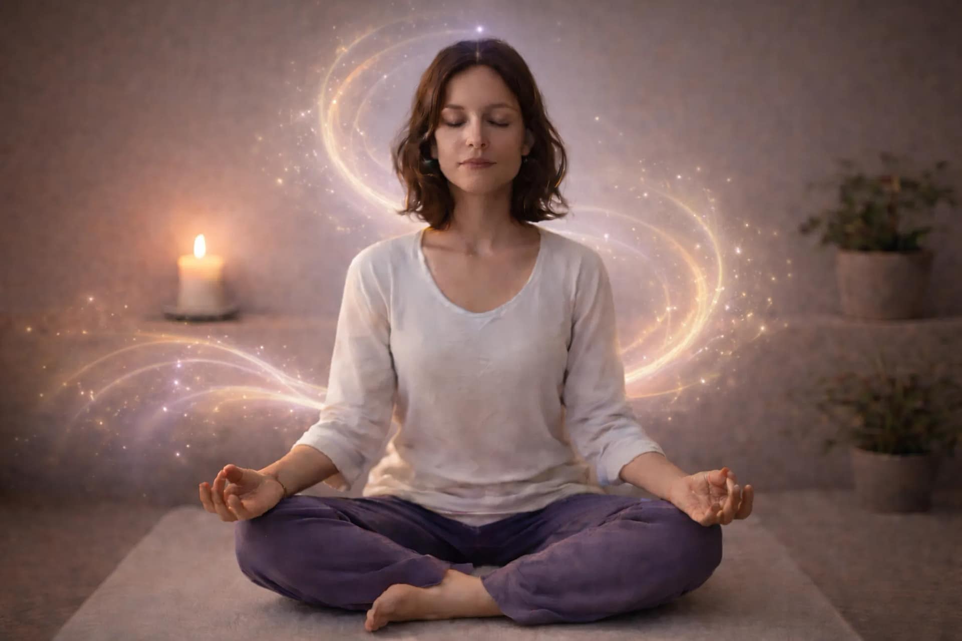 Femme en méditation assise en tailleur, entourée d’énergies lumineuses symbolisant l’harmonisation spirituelle et l’équilibre intérieur