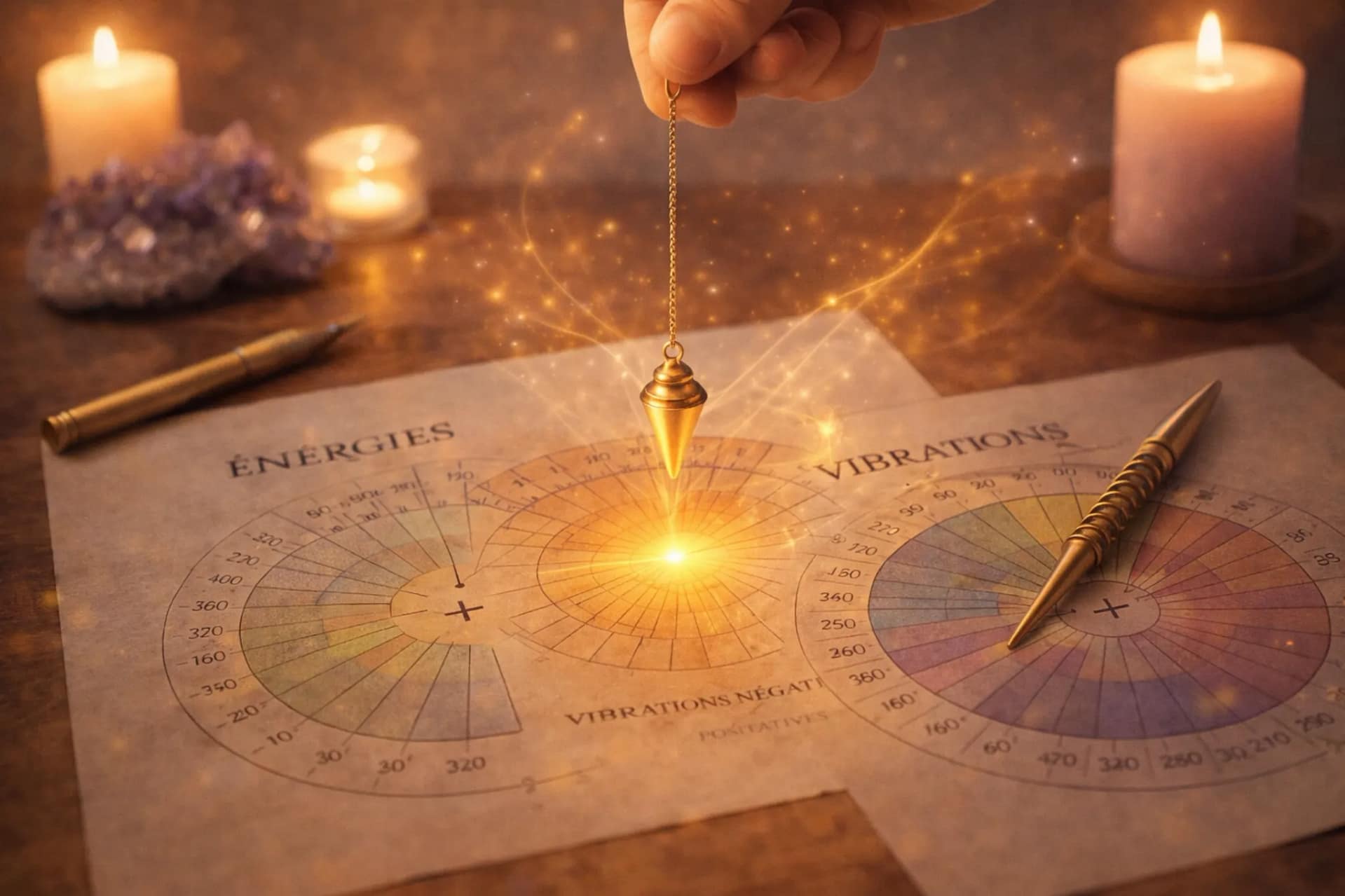 Pendule divinatoire suspendu au-dessus d’un cadran énergétique pour une lecture des énergies et des vibrations spirituelles