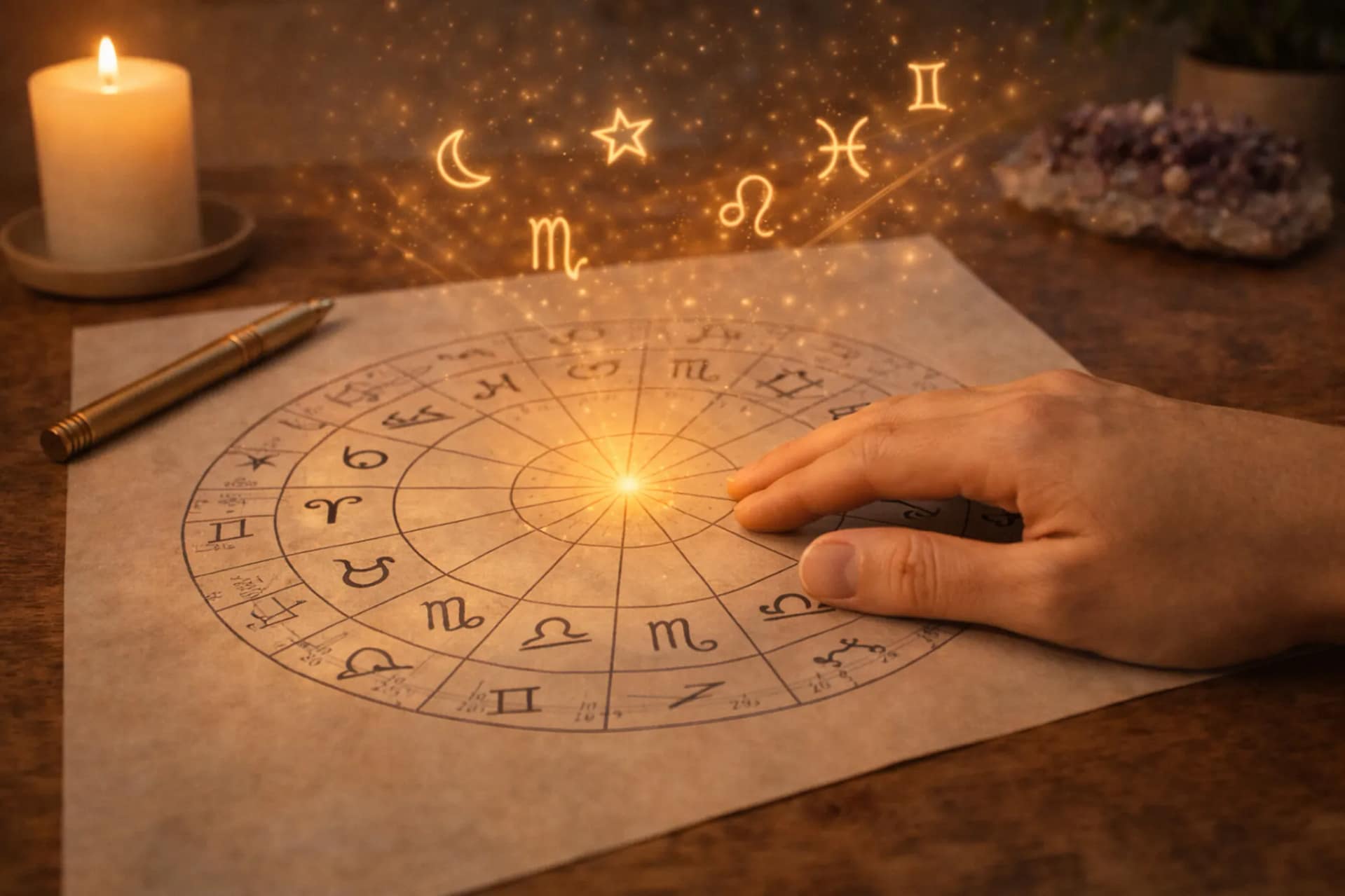 Main posée sur une roue du zodiaque lors d’une consultation astrologique, avec symboles astrologiques lumineux et ambiance spirituelle
