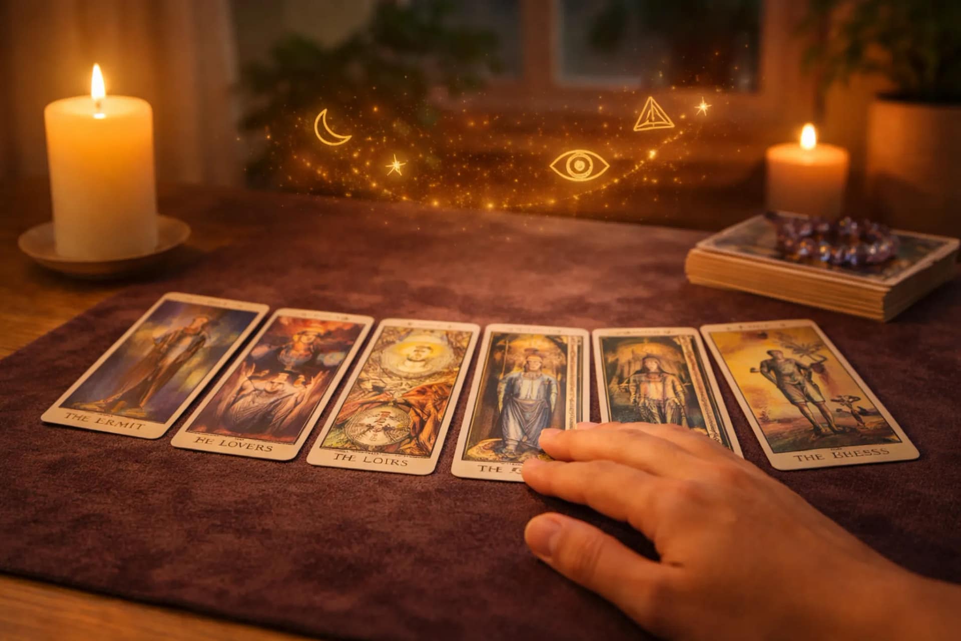 Tirage de cartes de tarot divinatoire posé sur une table, avec bougies et symboles spirituels, illustrant une séance de voyance et de guidance intuitive