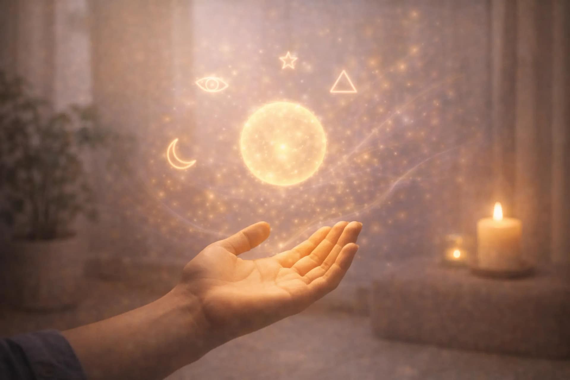 Main ouverte recevant une sphère de lumière énergétique lors d’une méditation spirituelle, entourée de symboles ésotériques et d’une atmosphère apaisante