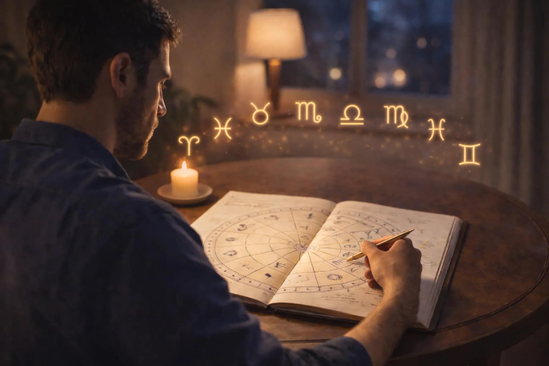 Astrologue étudiant un thème astral dans un carnet, entouré de symboles du zodiaque lumineux et d’une ambiance spirituelle à la lueur des bougies