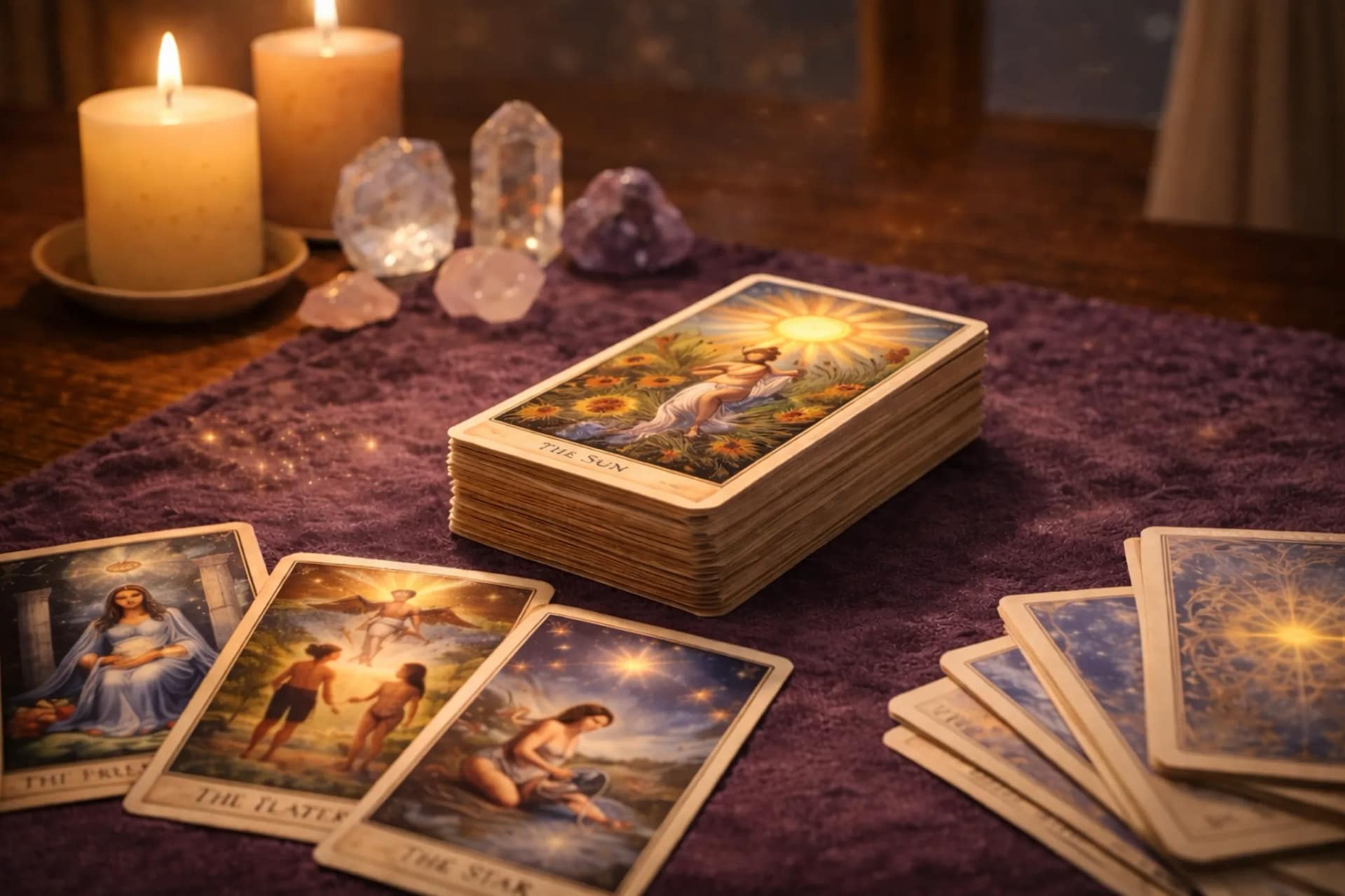Jeu de tarot divinatoire disposé sur un tissu violet avec la carte du Soleil, des cristaux énergétiques et des bougies dans une ambiance spirituelle