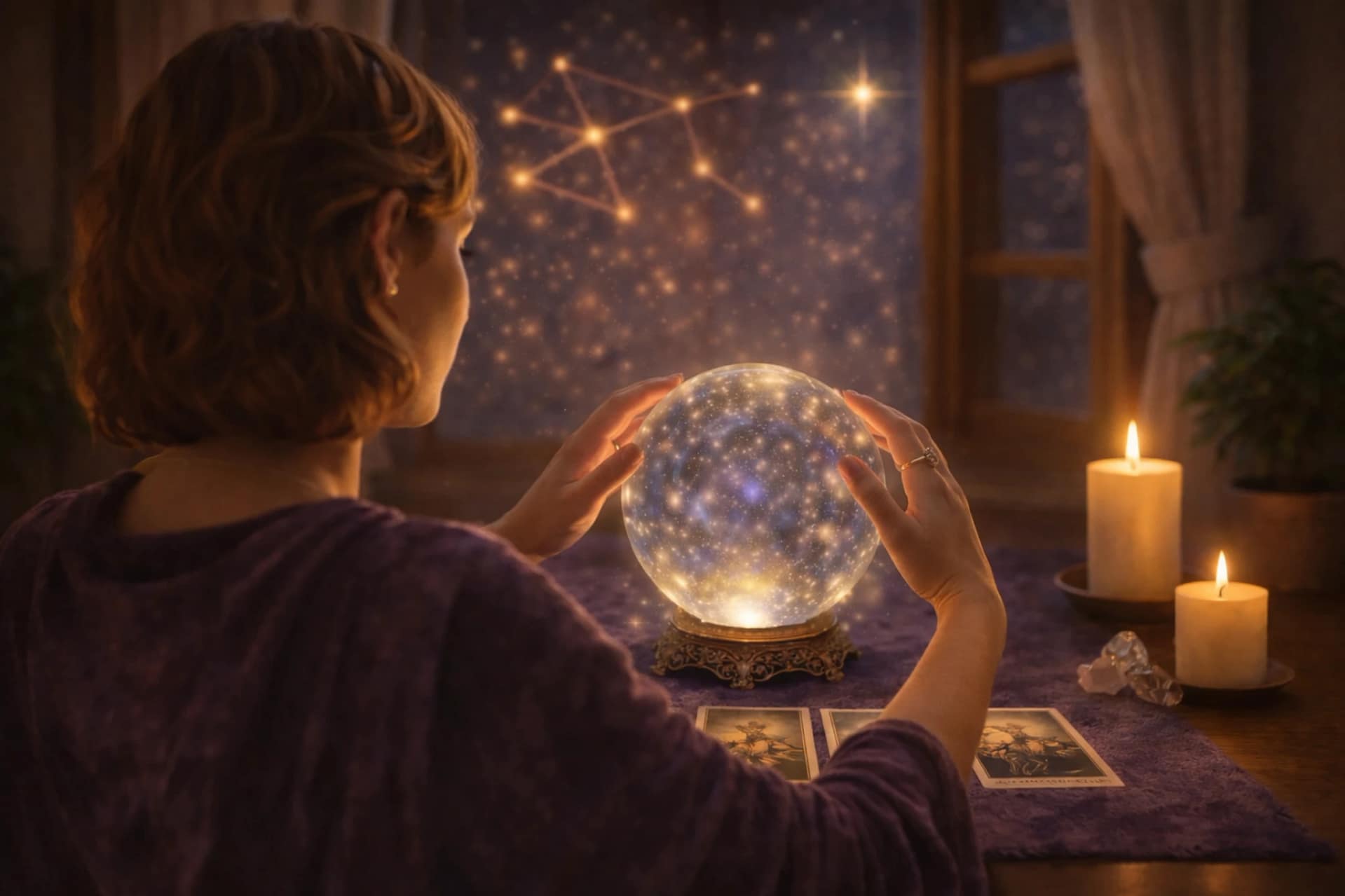 Voyante observant une boule de cristal lumineuse lors d’une consultation de voyance, avec symboles astrologiques et ambiance spirituelle