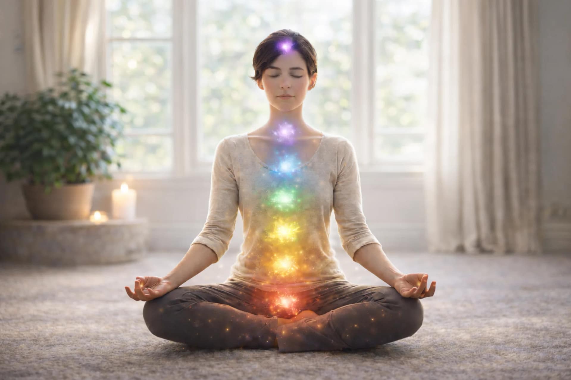 Femme en méditation assise en position du lotus avec visualisation des chakras alignés et énergie lumineuse circulant le long du corps