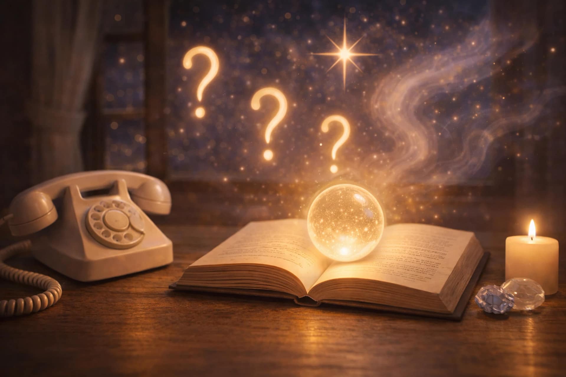 Boule de cristal lumineuse posée sur un livre ouvert, avec un téléphone ancien et des symboles de questions, illustrant une consultation de voyance par téléphone