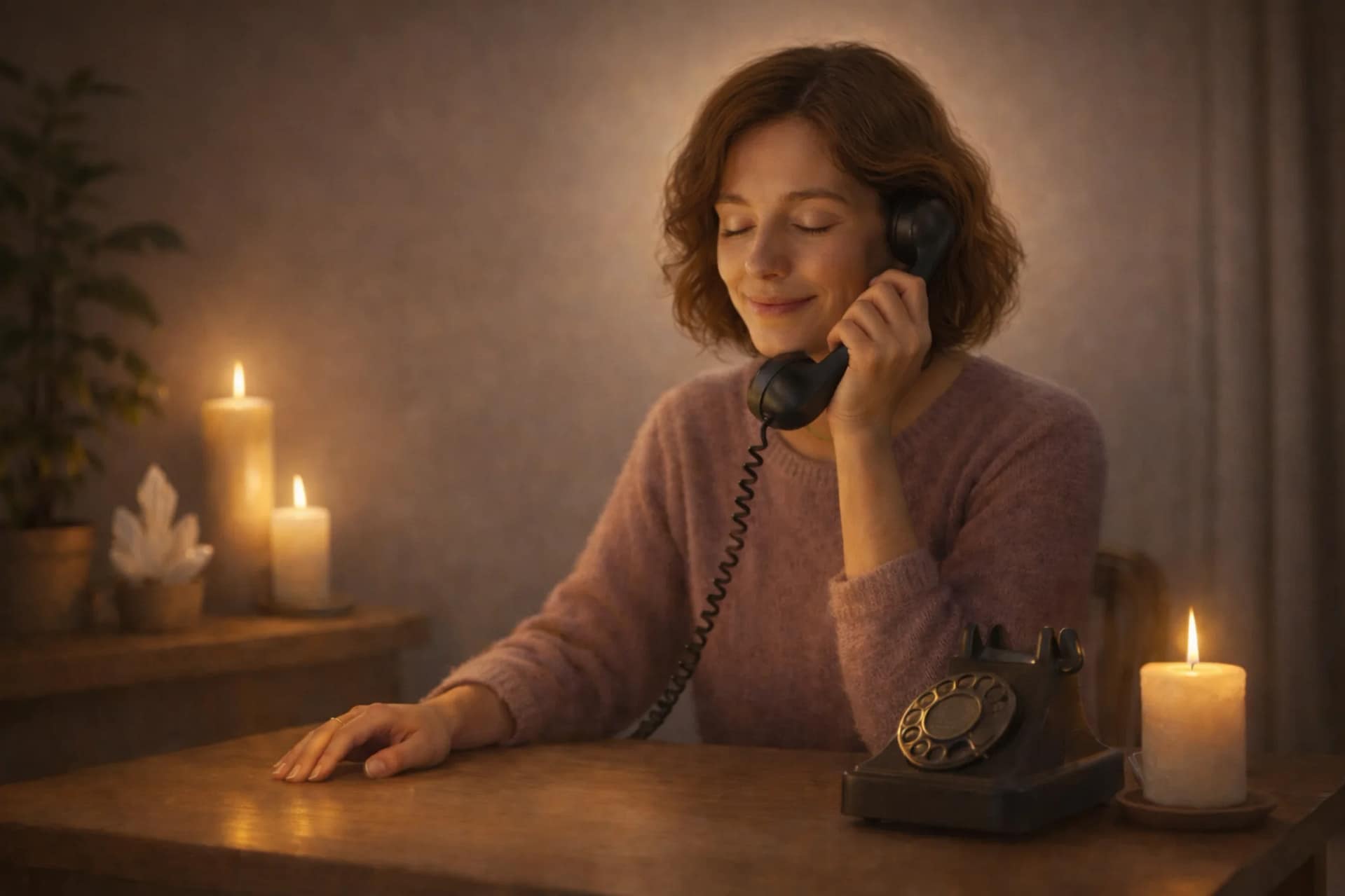 Médium souriante en consultation de voyance par téléphone, dans une ambiance chaleureuse avec bougies allumées