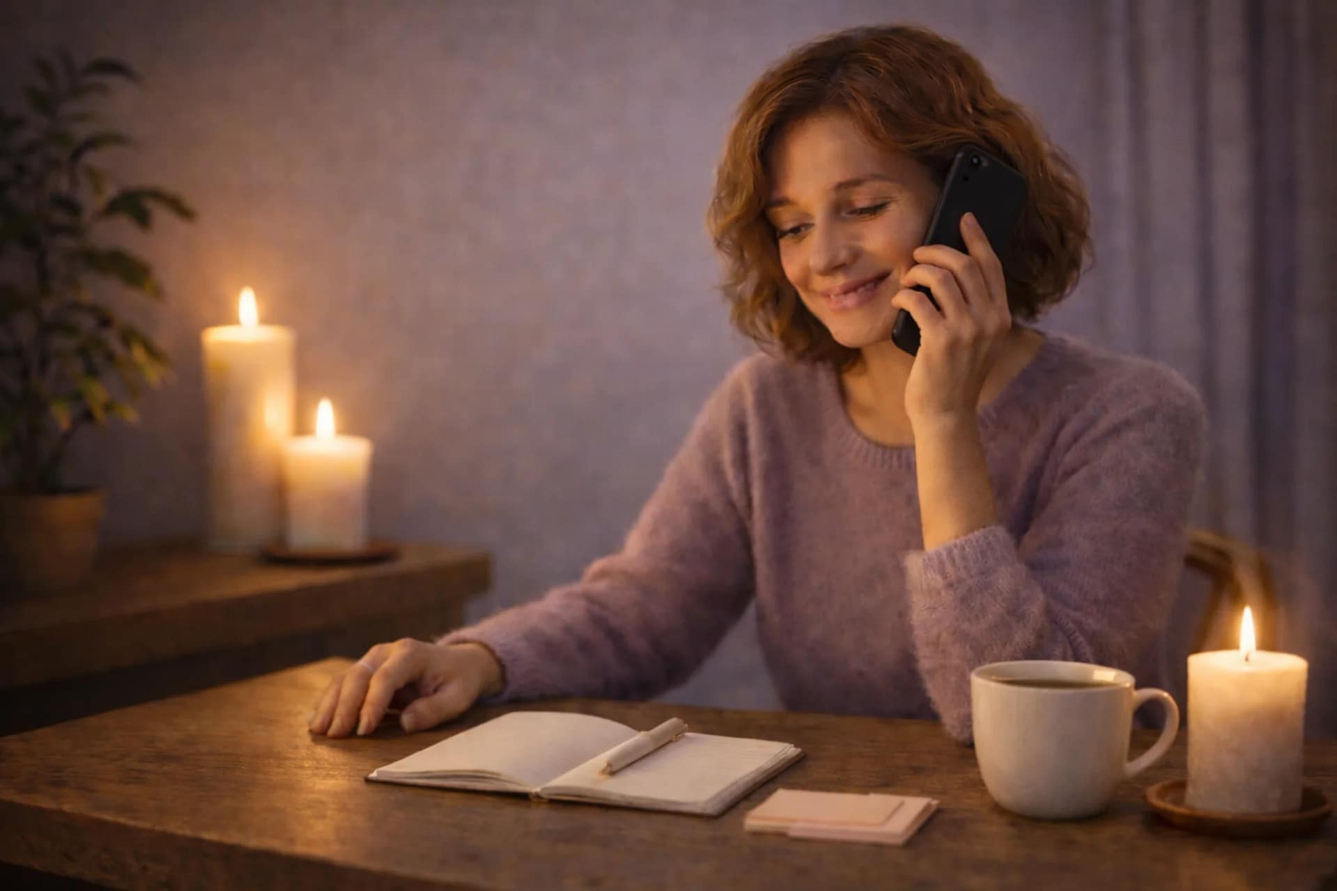 Femme souriante en consultation de voyance par téléphone, assise à un bureau avec carnet, bougies et ambiance chaleureuse