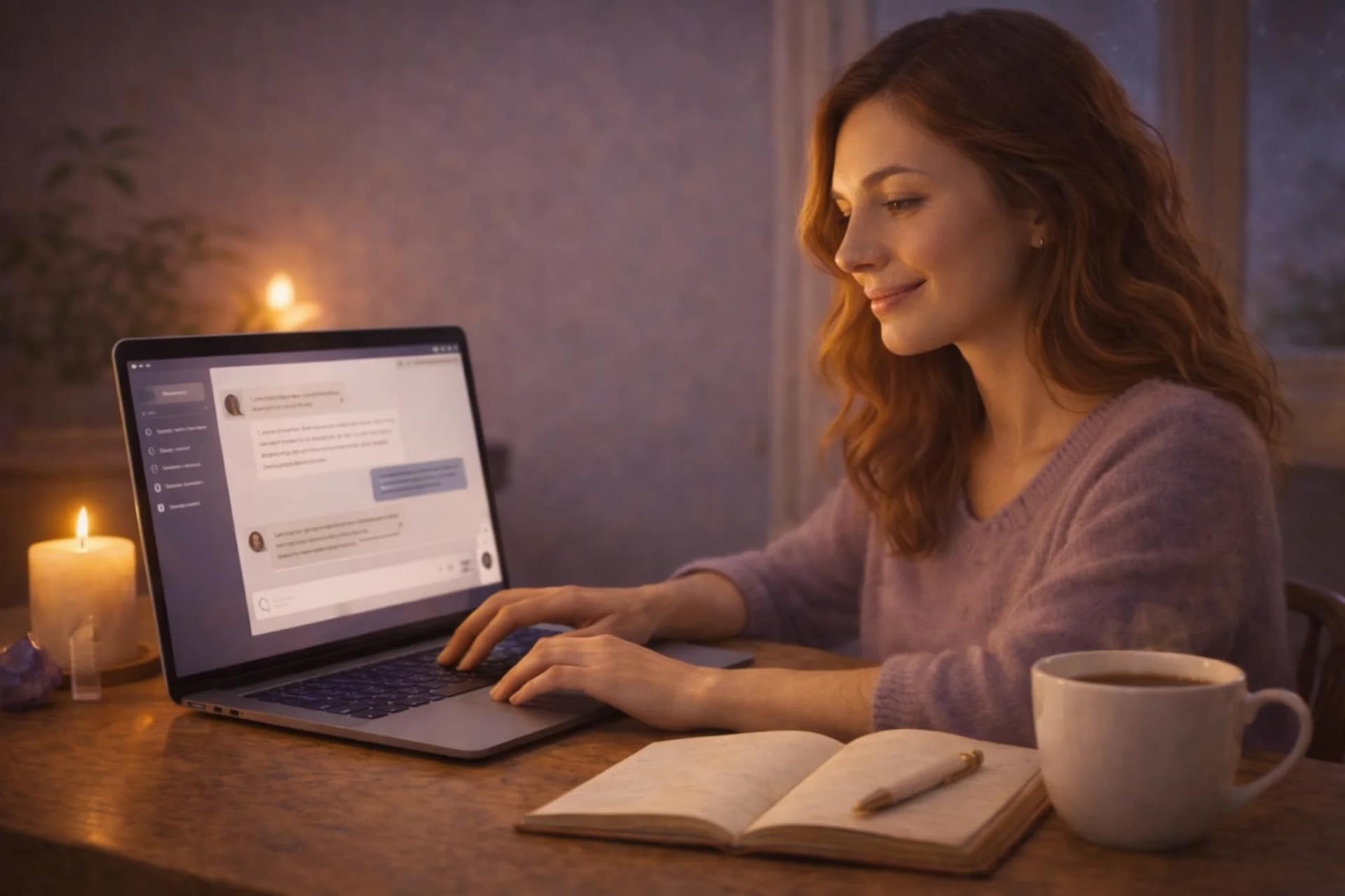 Médium réalisant une consultation de voyance par chat sur ordinateur portable, dans une ambiance chaleureuse avec bougies et carnet de notes