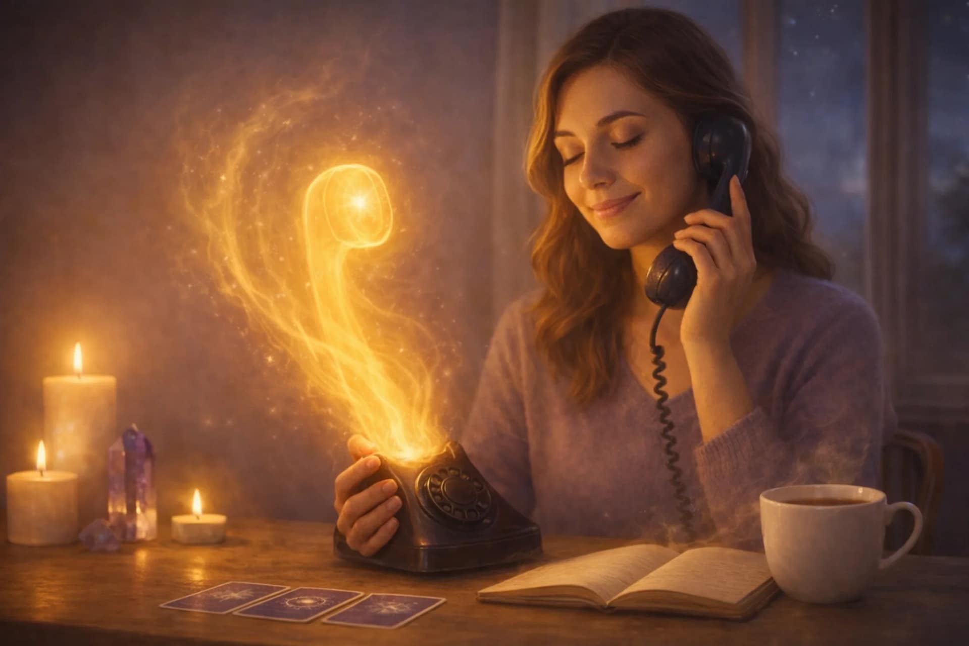 Médium souriante en consultation de voyance par téléphone, entourée de bougies et d’une énergie lumineuse symbolisant la guidance intuitive