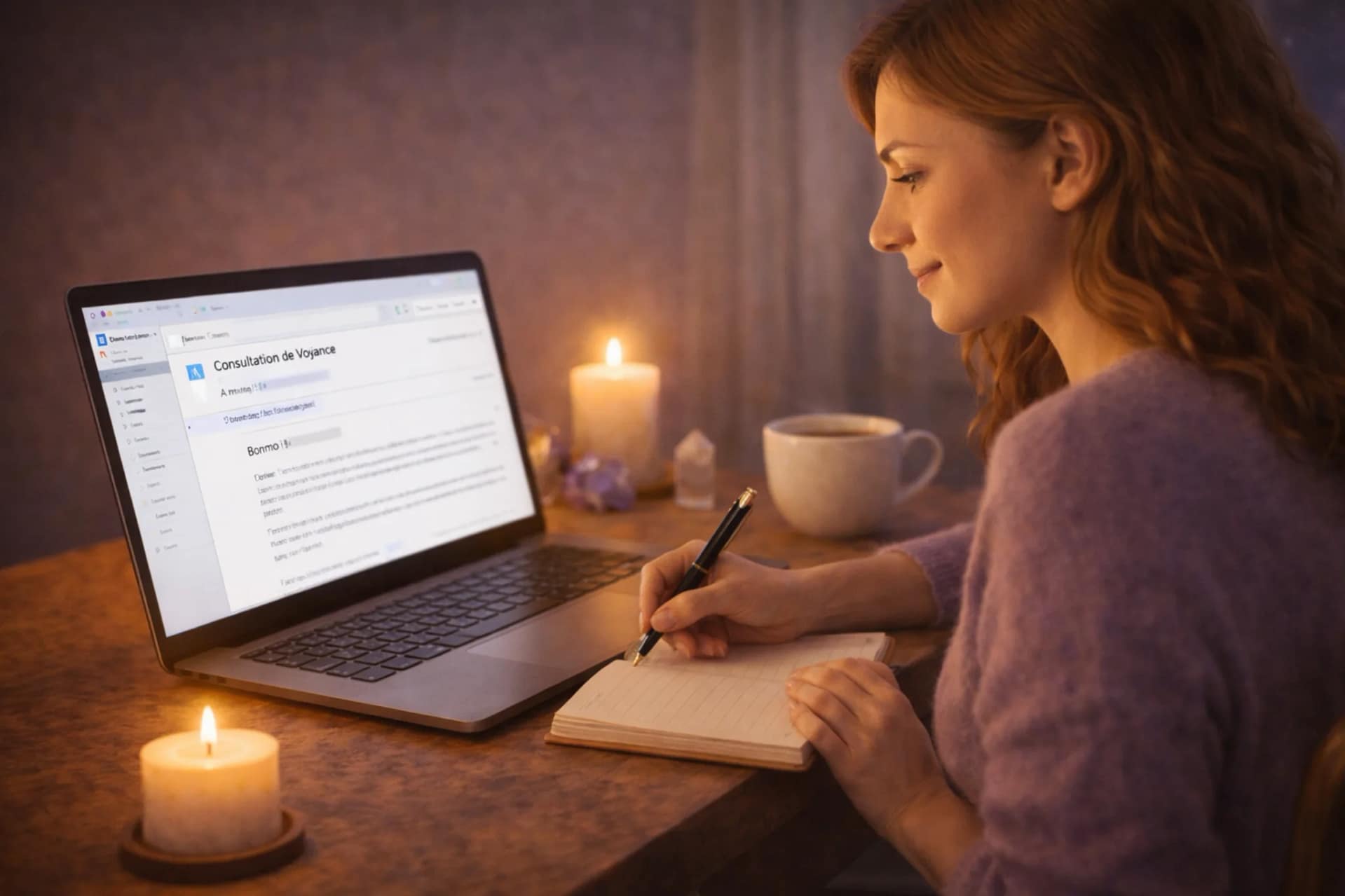 Médium rédigeant une consultation de voyance par mail sur ordinateur portable, dans une ambiance calme et spirituelle avec bougies et carnet de notes