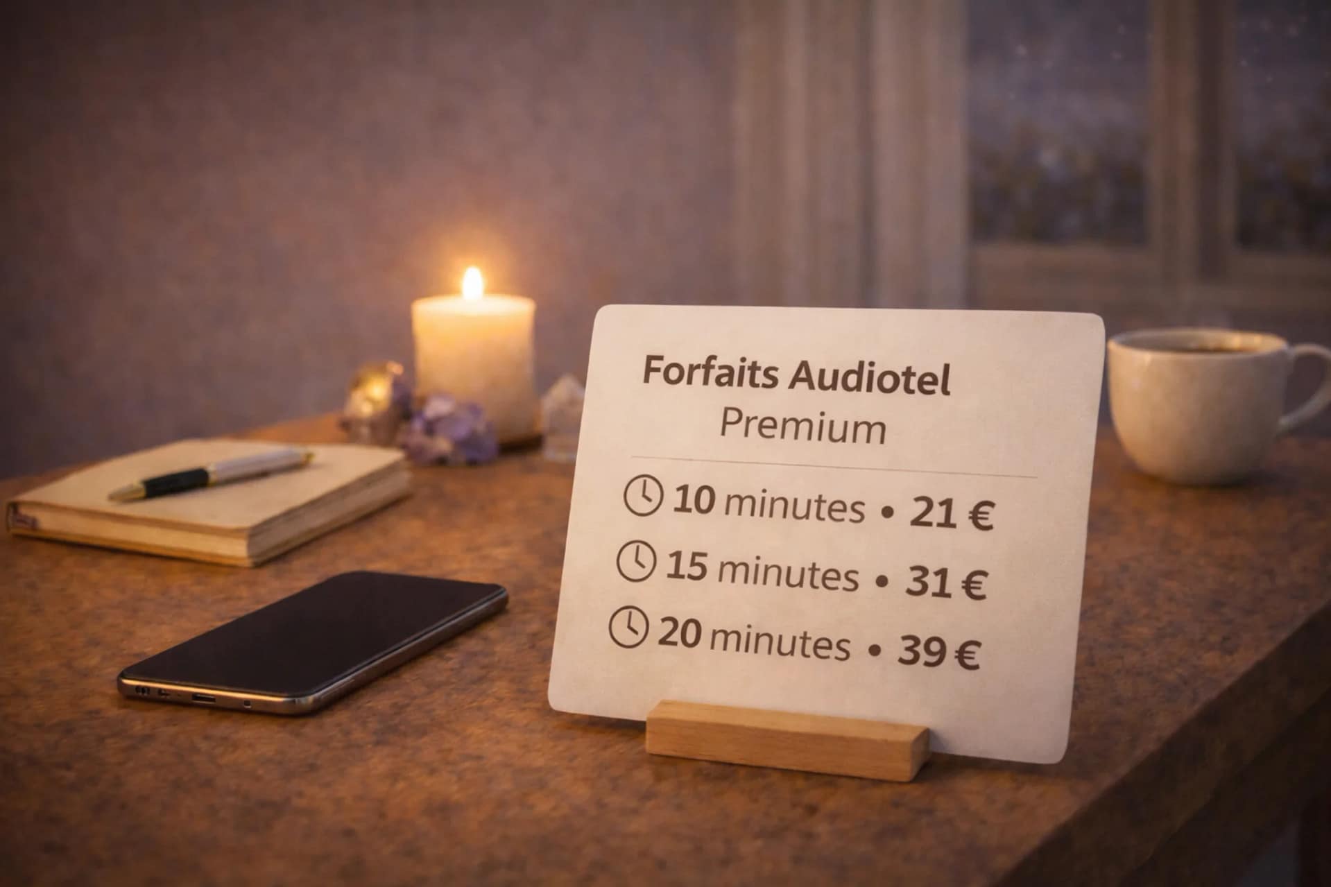 Carte présentant les forfaits audiotel premium de voyance par téléphone avec durées et tarifs, posée sur un bureau chaleureux éclairé à la bougie