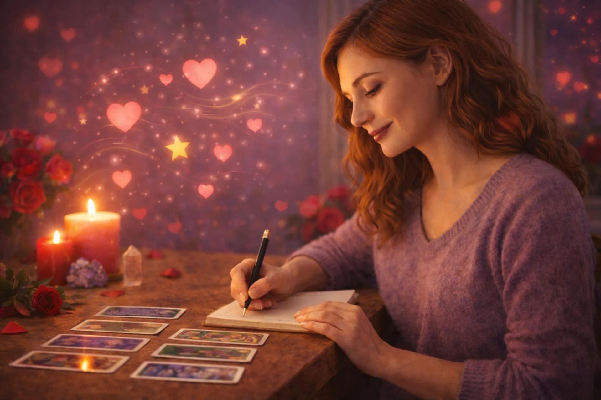 Consultation de voyance amoureuse avec tirage de cartes, ambiance chaleureuse, symboles de cœur et guidance sentimentale personnalisée