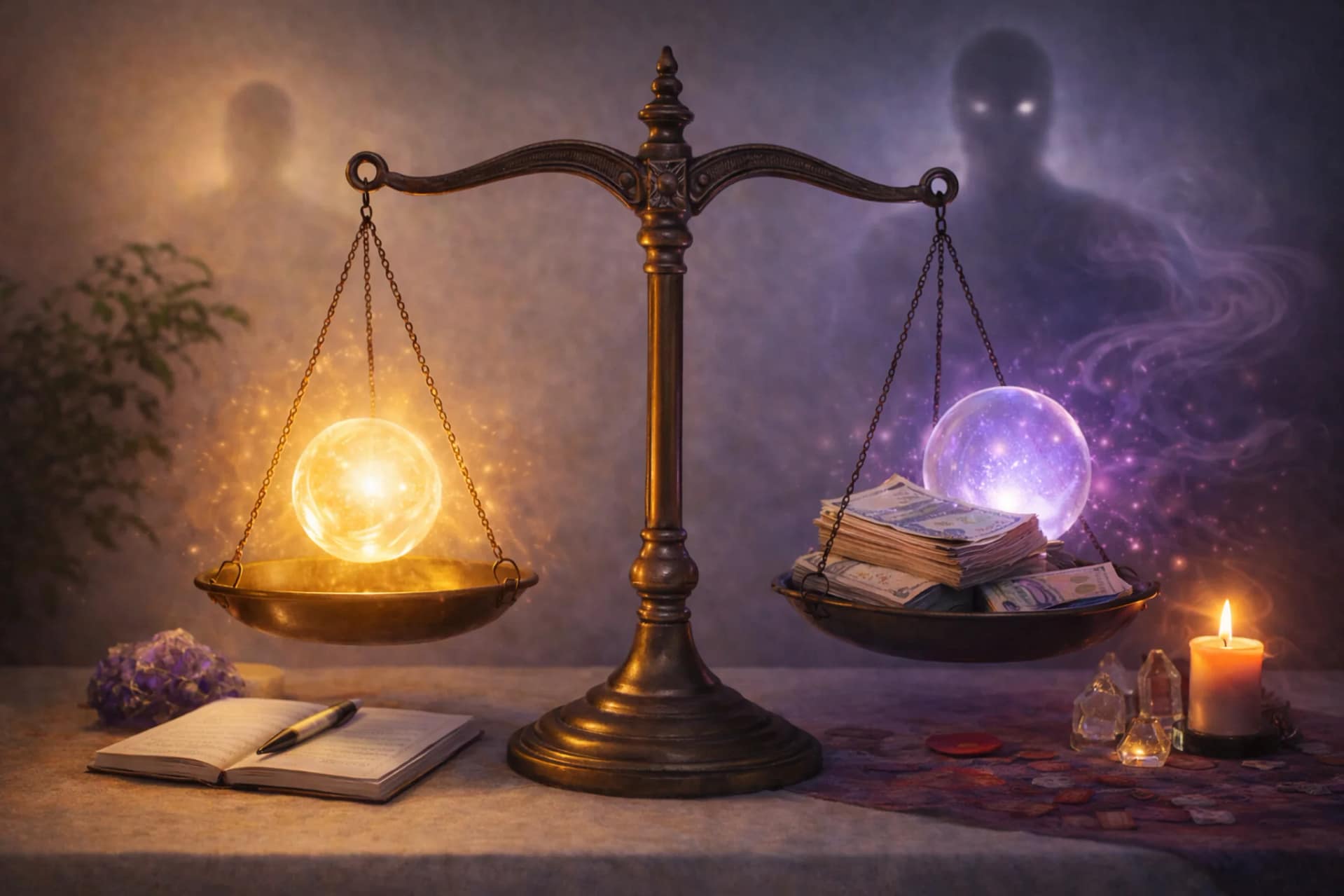 Balance symbolique représentant l’équilibre entre énergie spirituelle et valeur financière lors d’une consultation de voyance