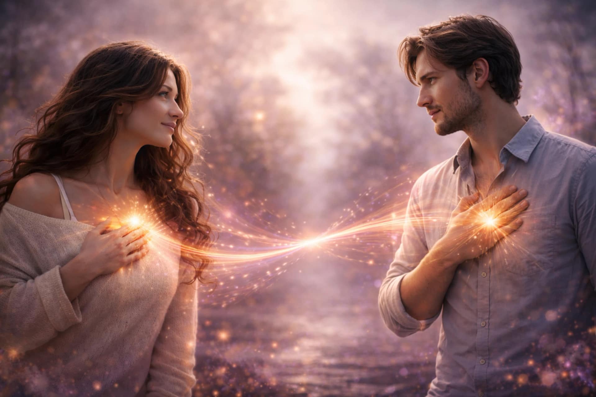 Homme et femme reliés par une énergie lumineuse entre leurs cœurs, représentant une connexion amoureuse spirituelle, l’amour énergétique et le lien d’âmes.