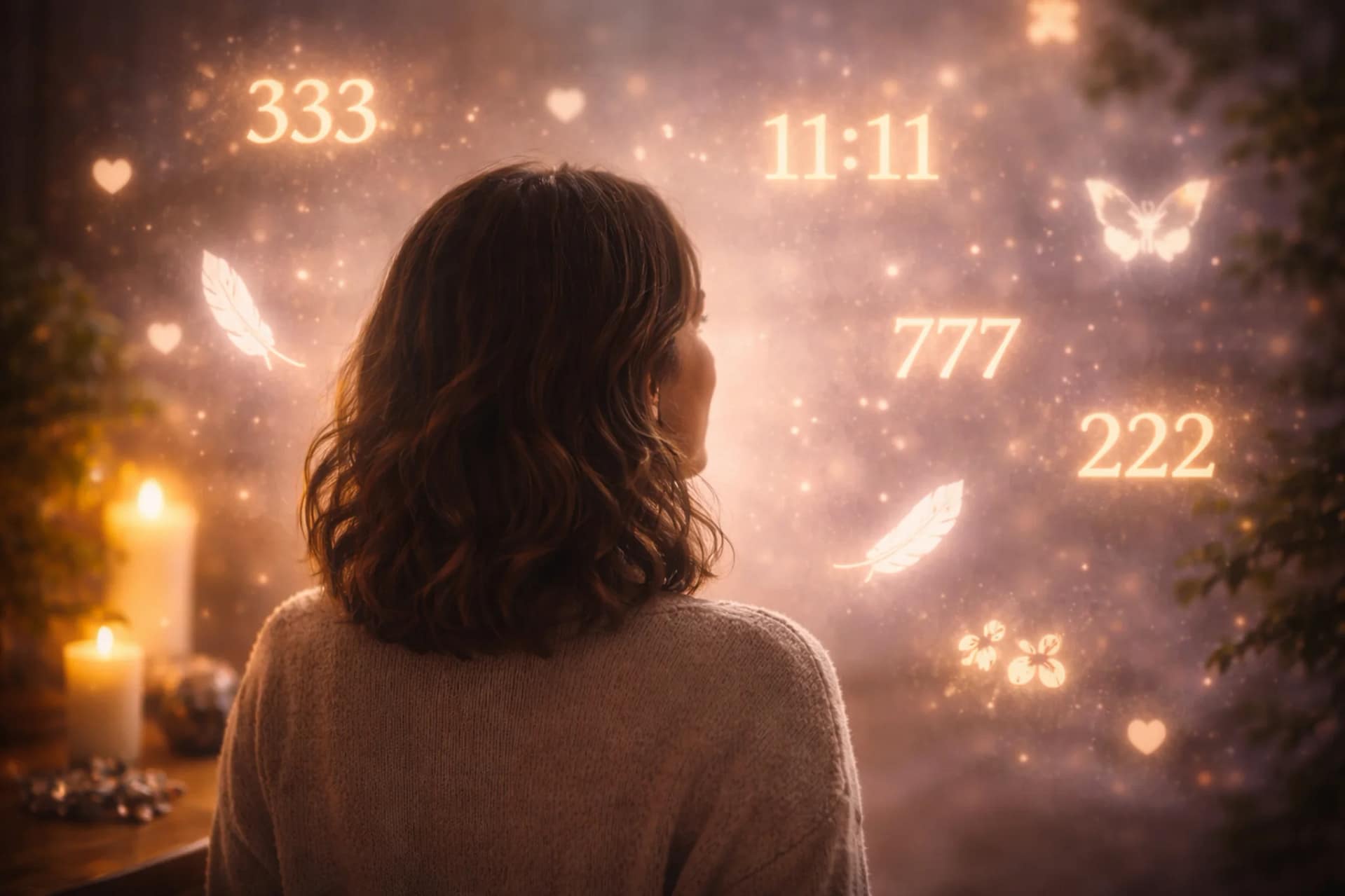 Personne observant des heures miroirs et des nombres angéliques lumineux comme 11:11, 222, 333 et 777 dans une atmosphère spirituelle et apaisante