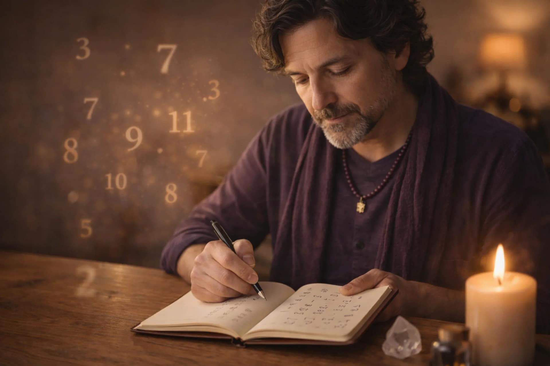 Numérologue écrivant les calculs du chemin de vie dans un carnet, avec des chiffres symboliques en arrière-plan et une ambiance spirituelle apaisante