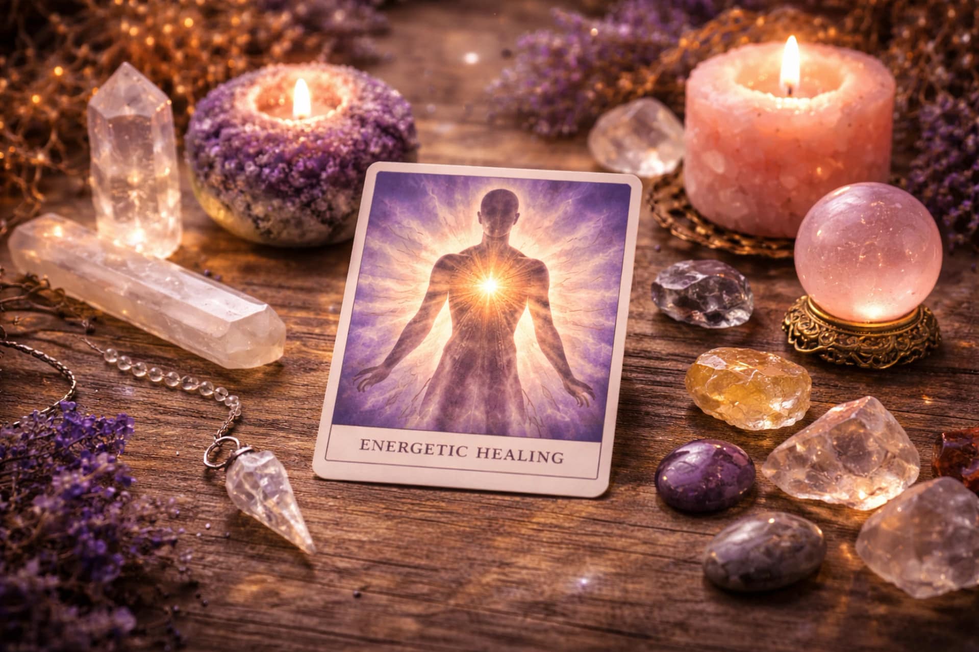 Carte représentant un soin énergétique avec lumière au niveau du cœur, entourée de cristaux, pendule et bougies dans une ambiance spirituelle apaisante.