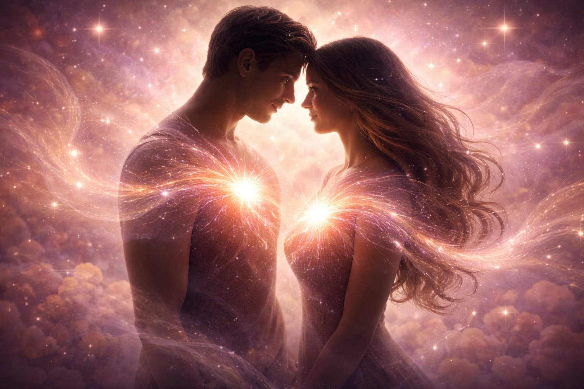 Couple face à face avec lumière énergétique reliant leurs cœurs, symbolisant la connexion d’âmes et l’amour spirituel dans un univers cosmique.