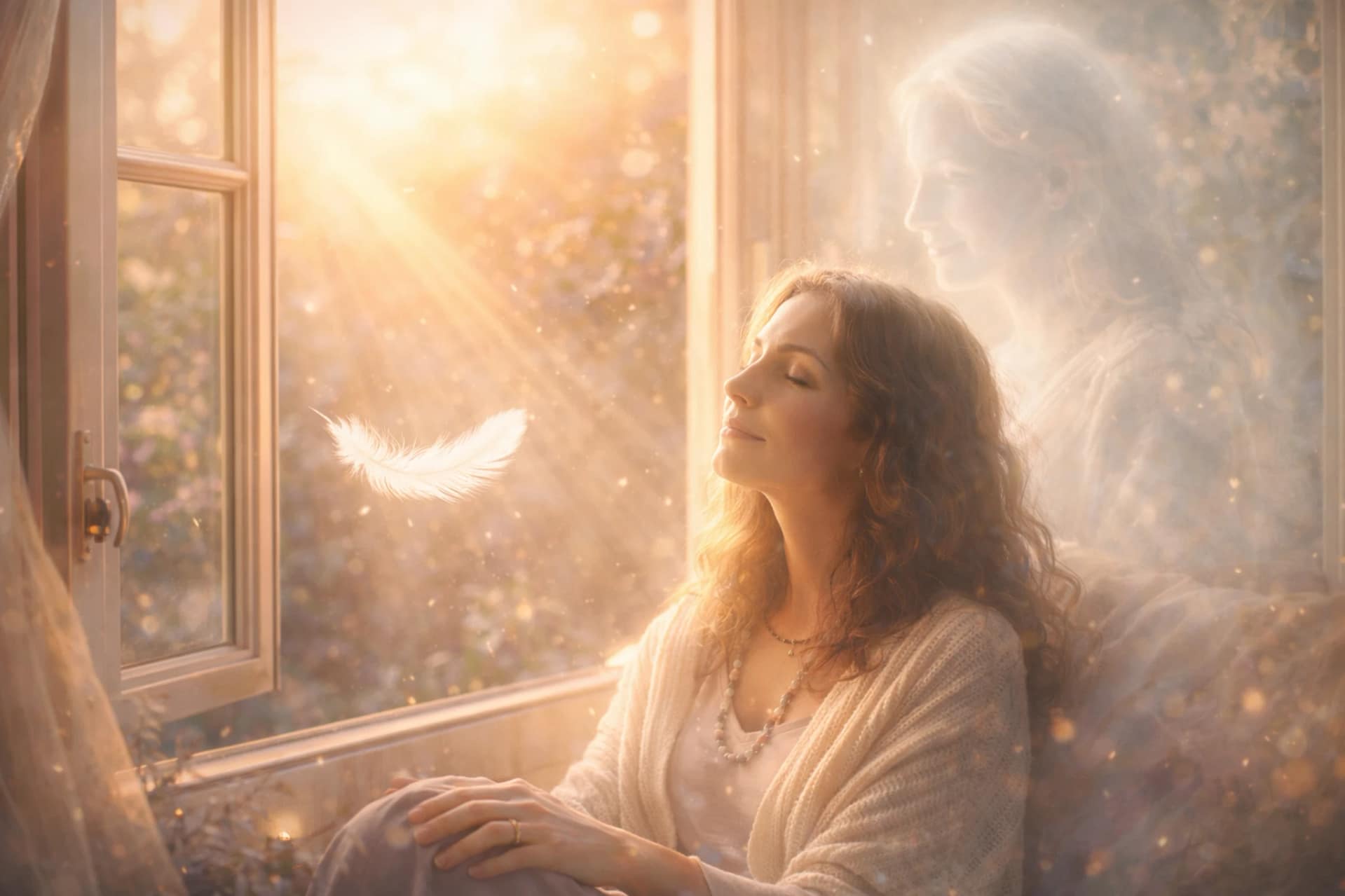 Femme paisible près d’une fenêtre avec lumière dorée, plume blanche et présence spirituelle en arrière-plan, représentant les signes des défunts et la connexion avec l’au-delà.